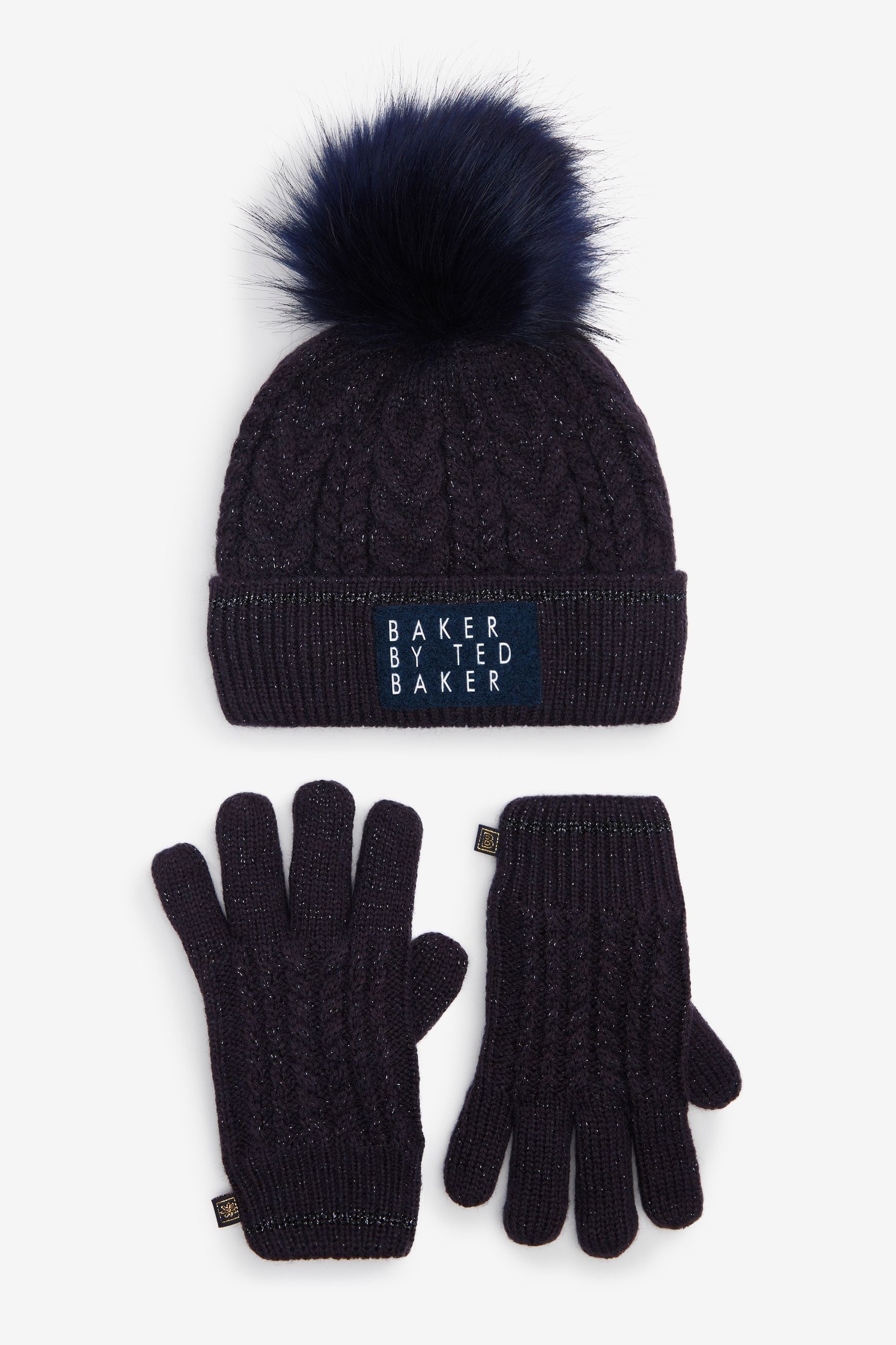 Navy Baker by Ted Baker Sparkly Navy Pom Hat and Gloves Set