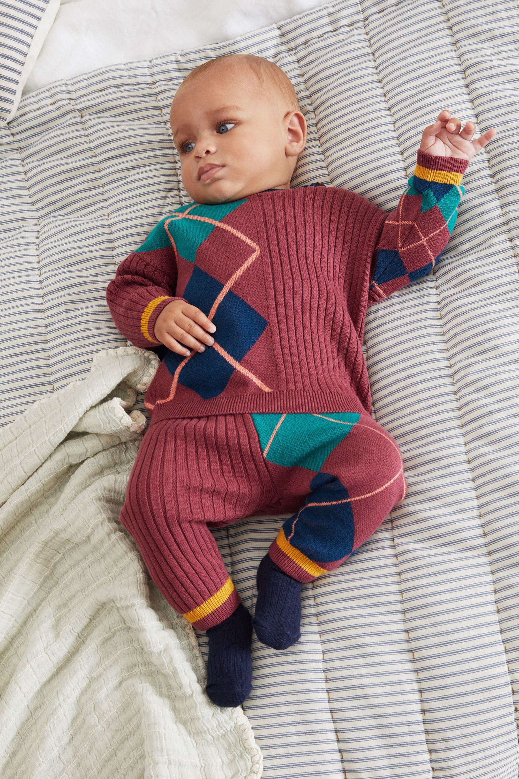 Burgundy Red Two Piece Baby Argyle Knitted Set (0mths-2yrs)