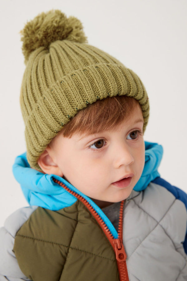 Khaki Green Knitted Rib Pom Hat (3mths-10yrs)