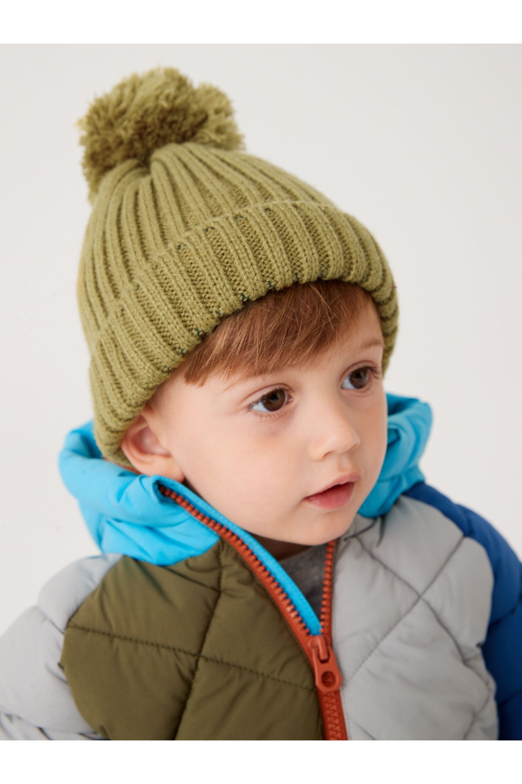 Khaki Green Knitted Rib Pom Hat (3mths-10yrs)