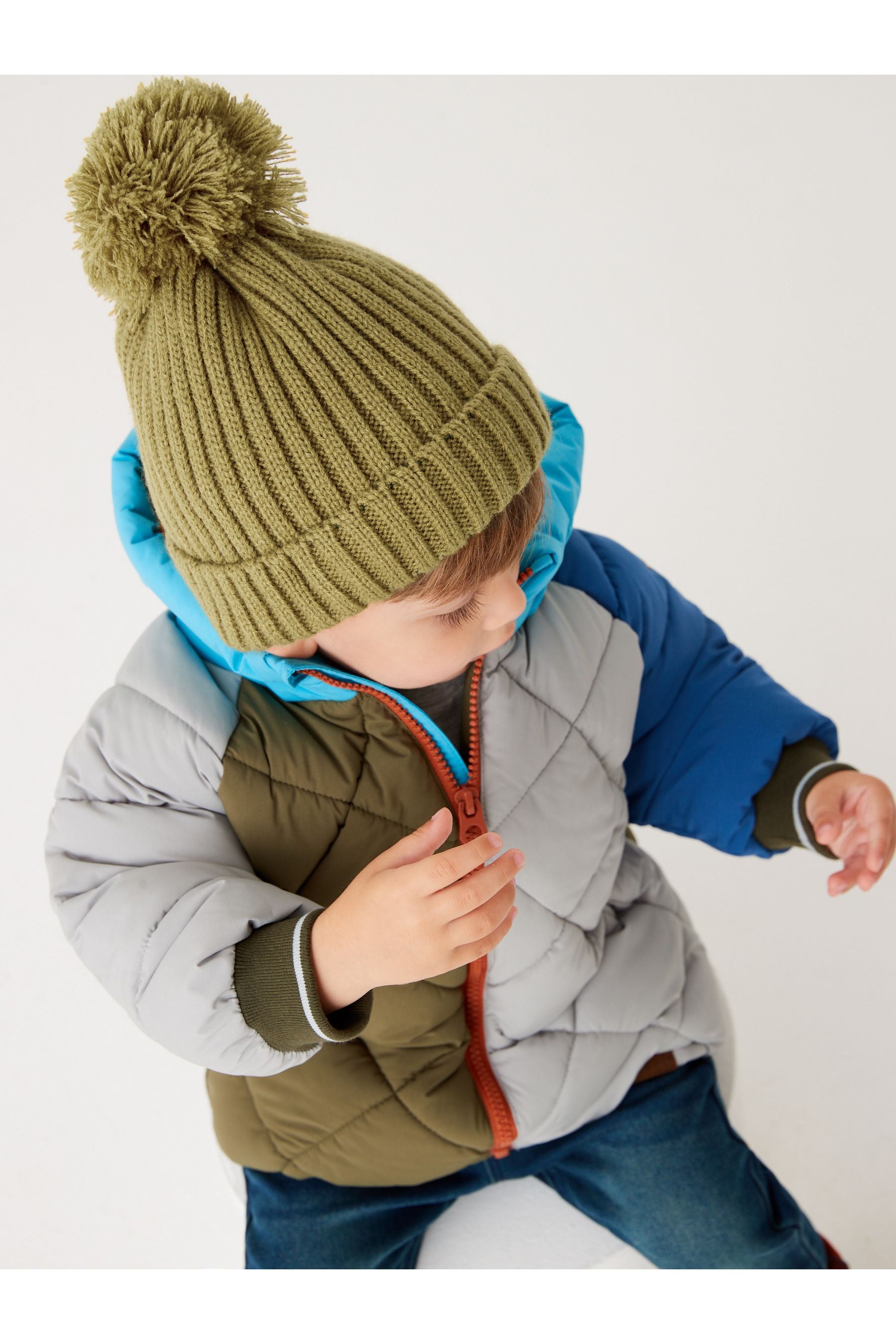 Khaki Green Knitted Rib Pom Hat (3mths-10yrs)