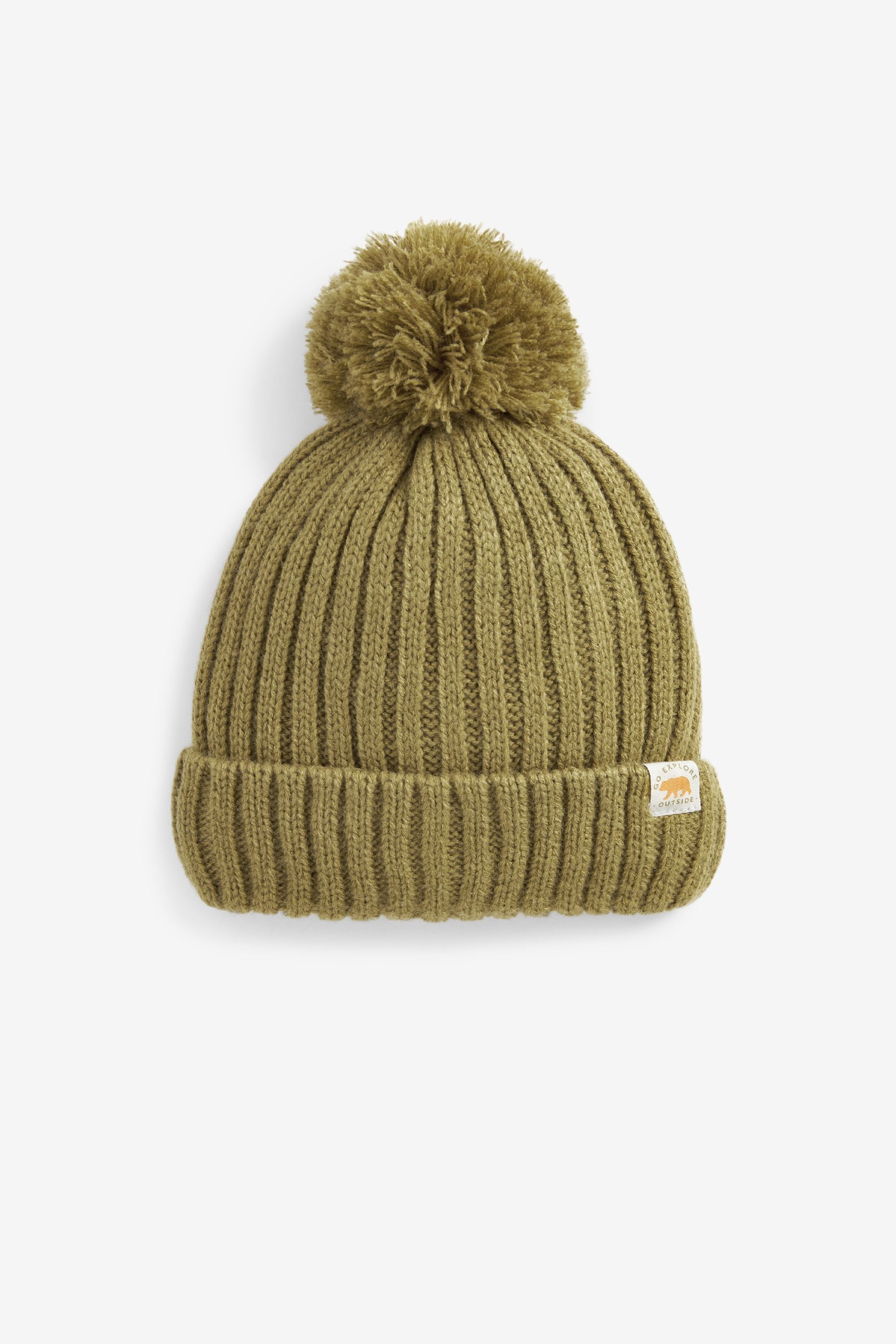 Khaki Green Knitted Rib Pom Hat (3mths-10yrs)