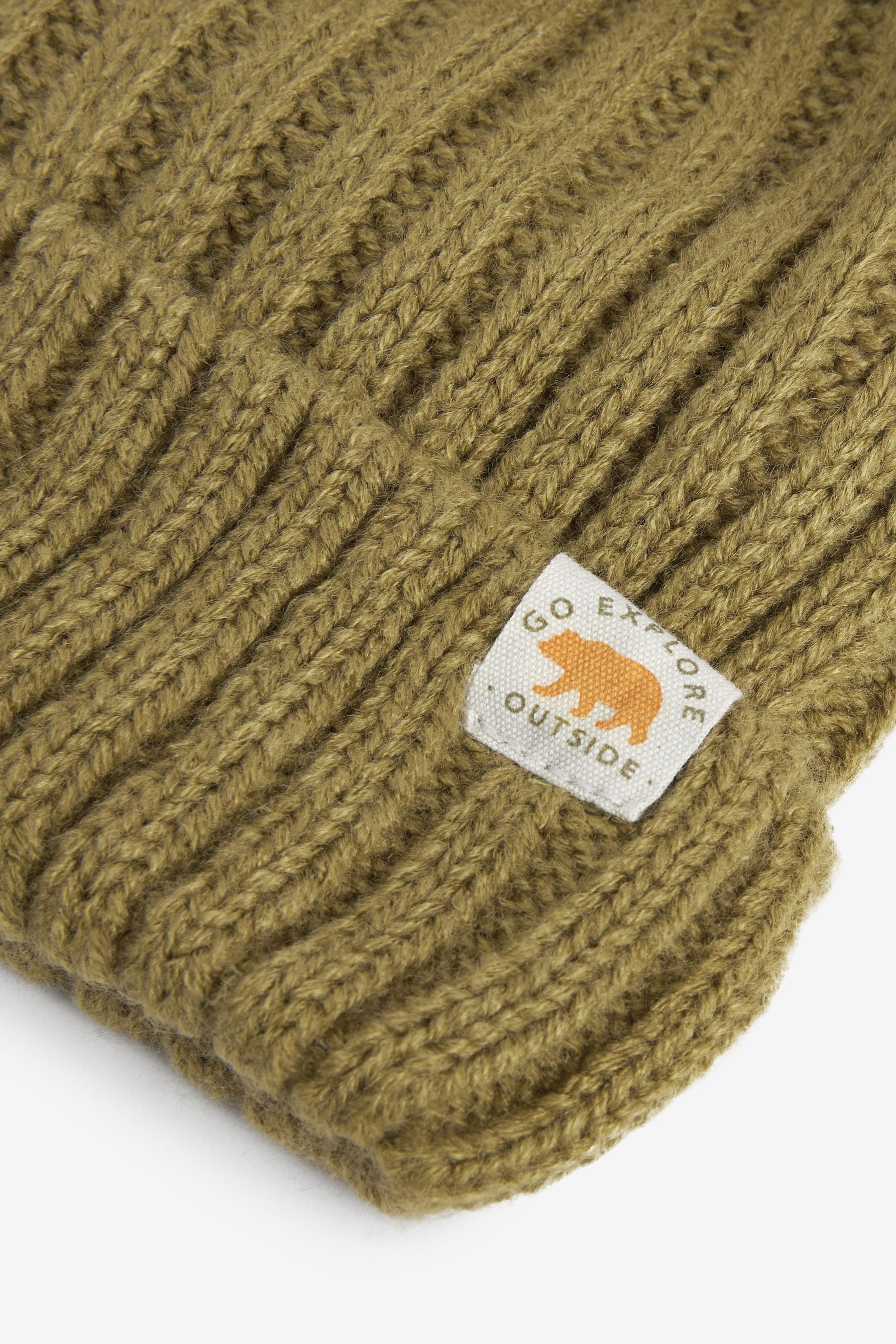 Khaki Green Knitted Rib Pom Hat (3mths-10yrs)