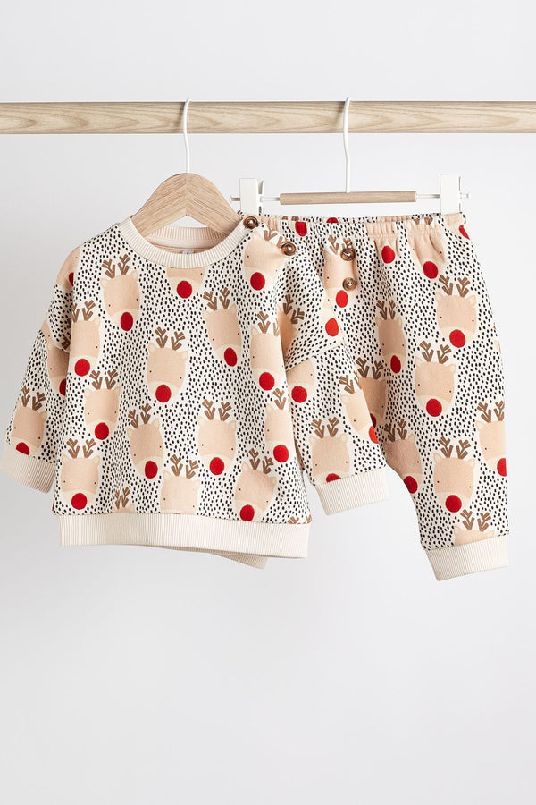 Cream Reindeer Next Two Piece Baby Sweatshirt And Jogger Set (0mths-2yrs)