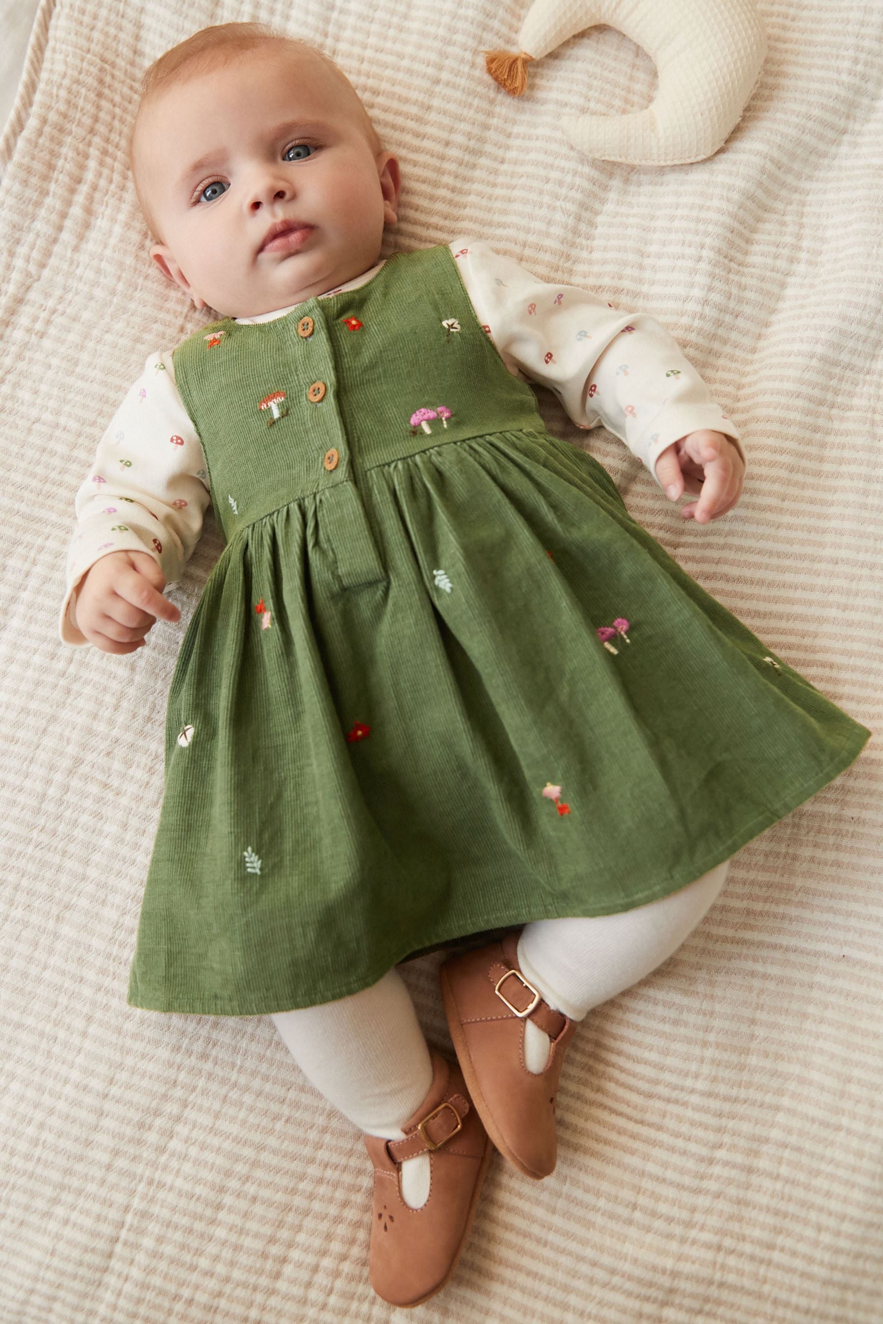 Green Baby 3 Piece Cord Pinafore Dress, Bodysuit And Tights Set (0mths-2yrs)