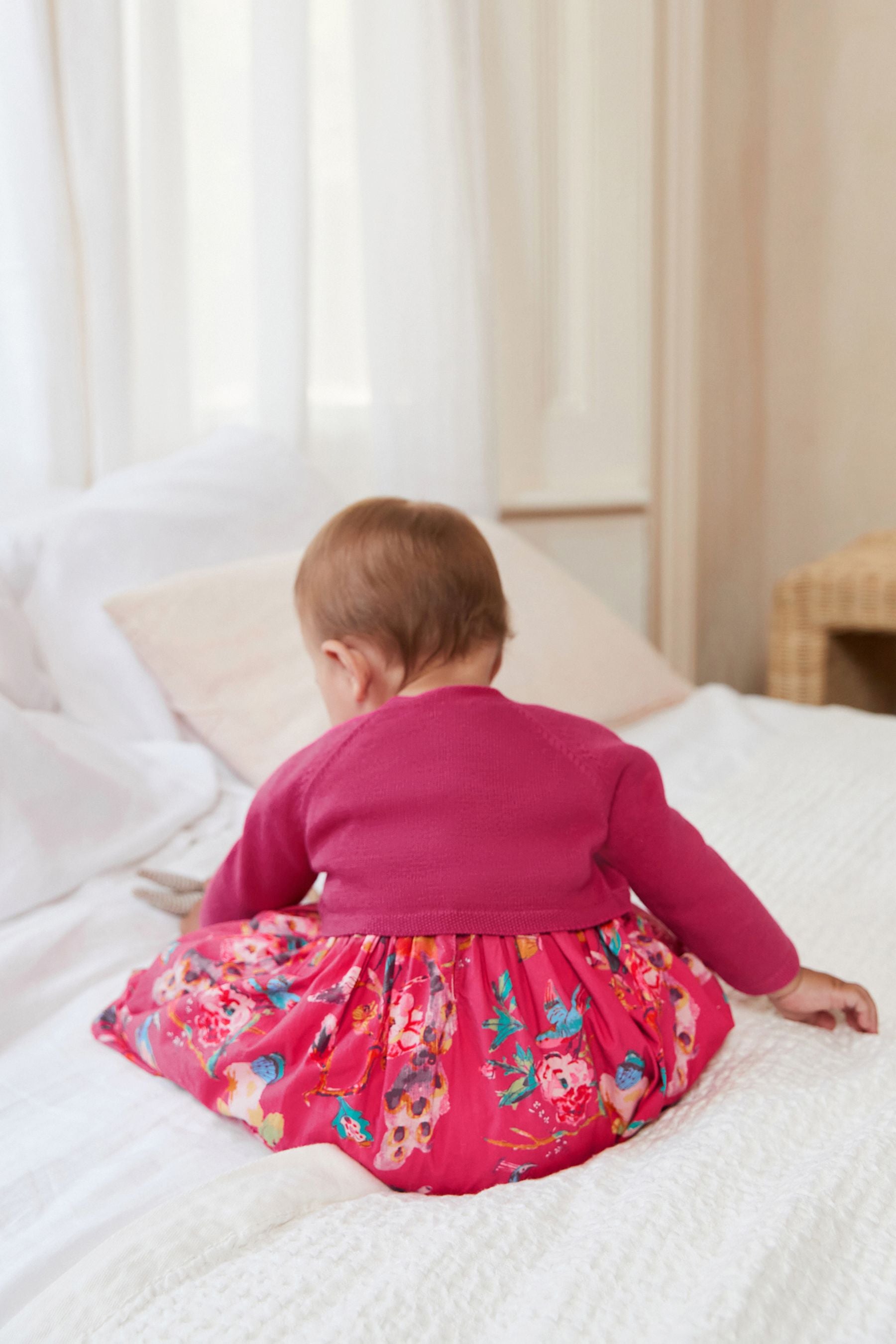 Raspberry Pink Floral 3 Piece Baby Prom Dress, Cardigan And Tights Set (0mths-2yrs)