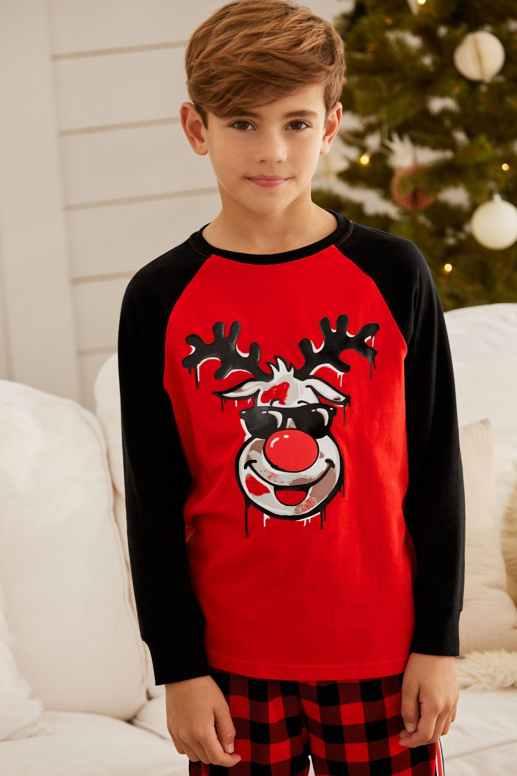 Red Reindeer Check Christmas Pyjamas (3-16yrs)