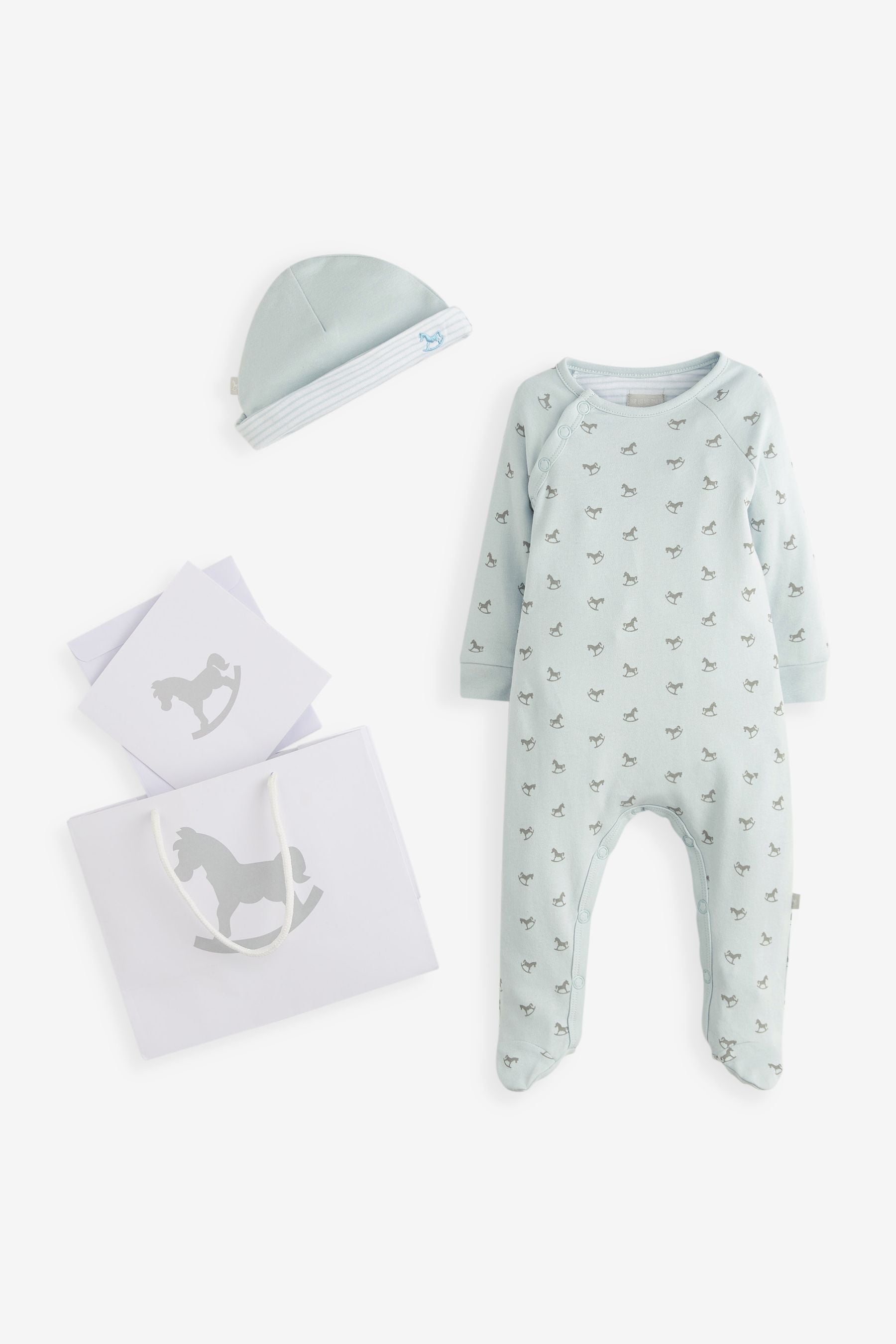 Blue The Little Tailor Blue Rocking Horse Sleepsuit And Hat Set