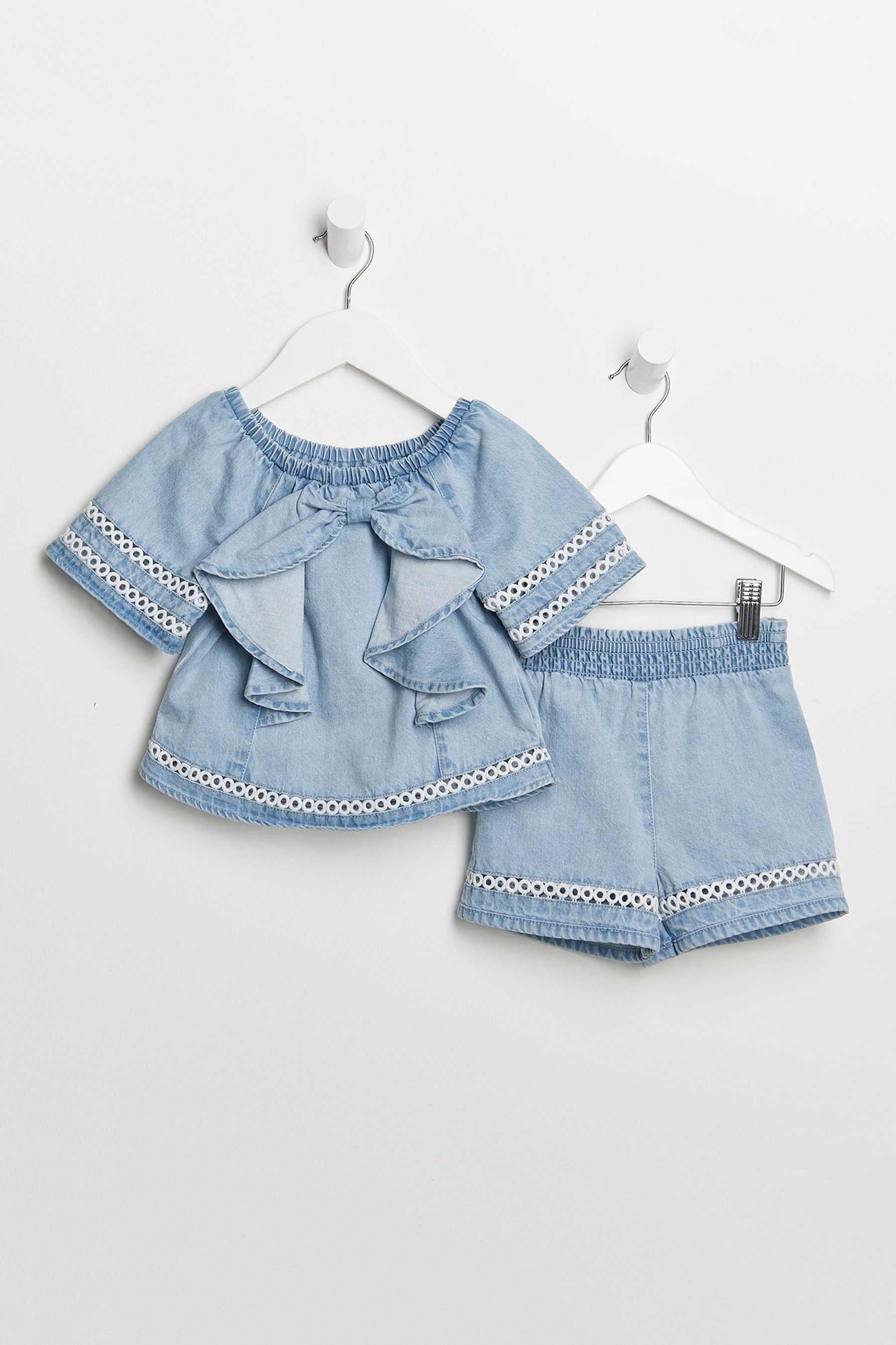 River Island Denim Blue Light Mg Bow Blouse Shorts Set