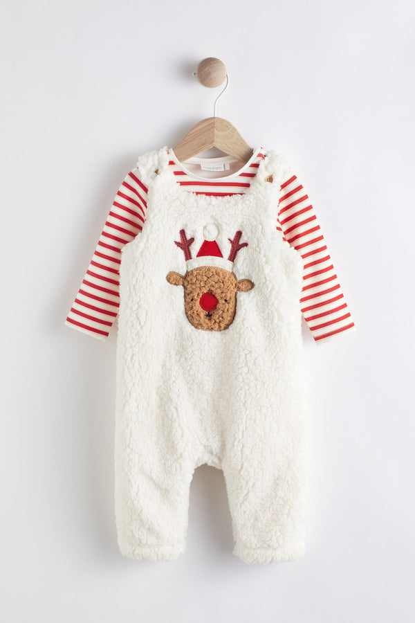 Cream Christmas Rudolph Fleece Baby Dungarees And Bodysuit (0mths-2yrs)