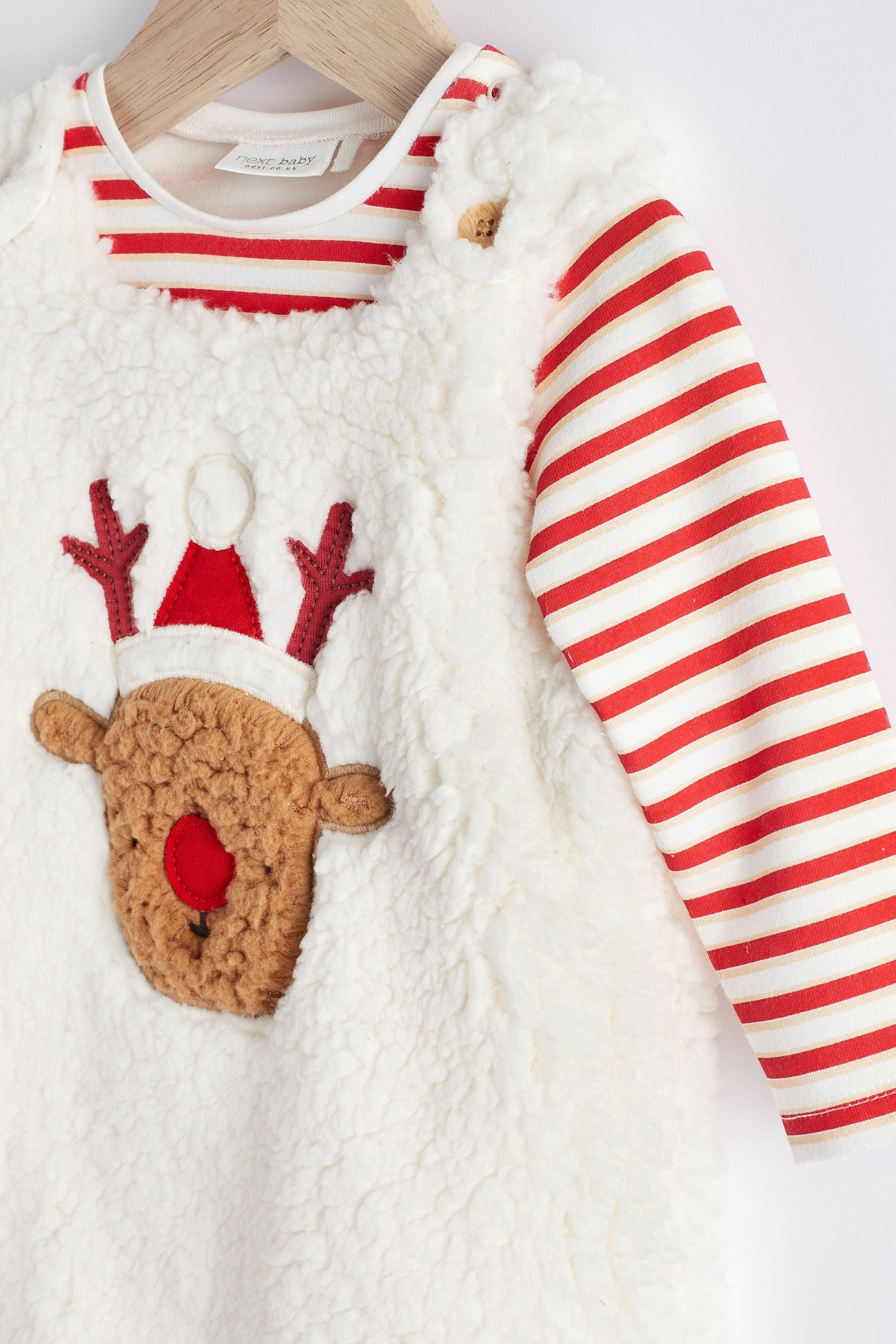 Cream Christmas Rudolph Fleece Baby Dungarees And Bodysuit (0mths-2yrs)