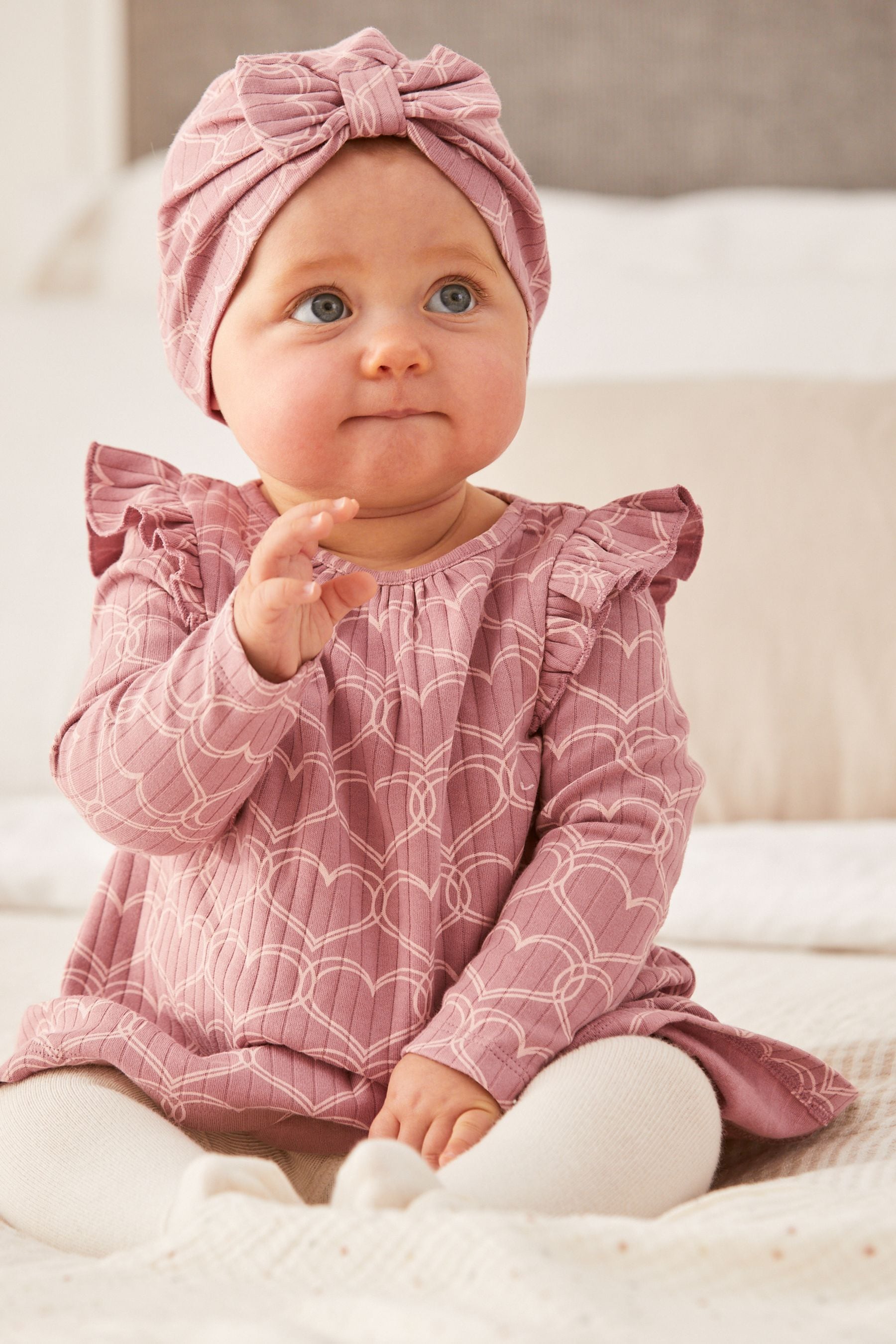 Pink/White 4 Piece Baby Jersey Dresses With Matching Turban Hats (0mths-2yrs)