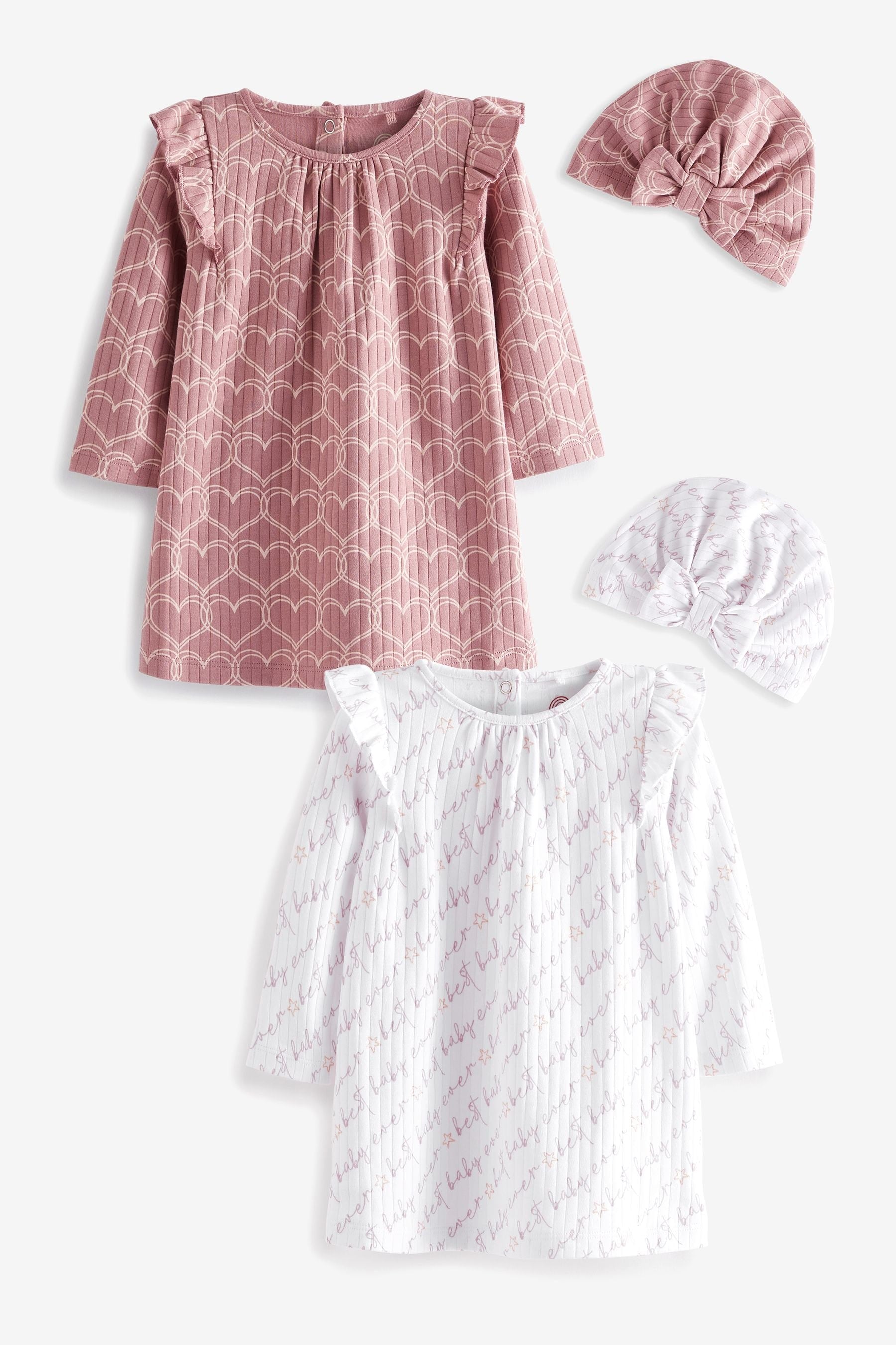 Pink/White 4 Piece Baby Jersey Dresses With Matching Turban Hats (0mths-2yrs)