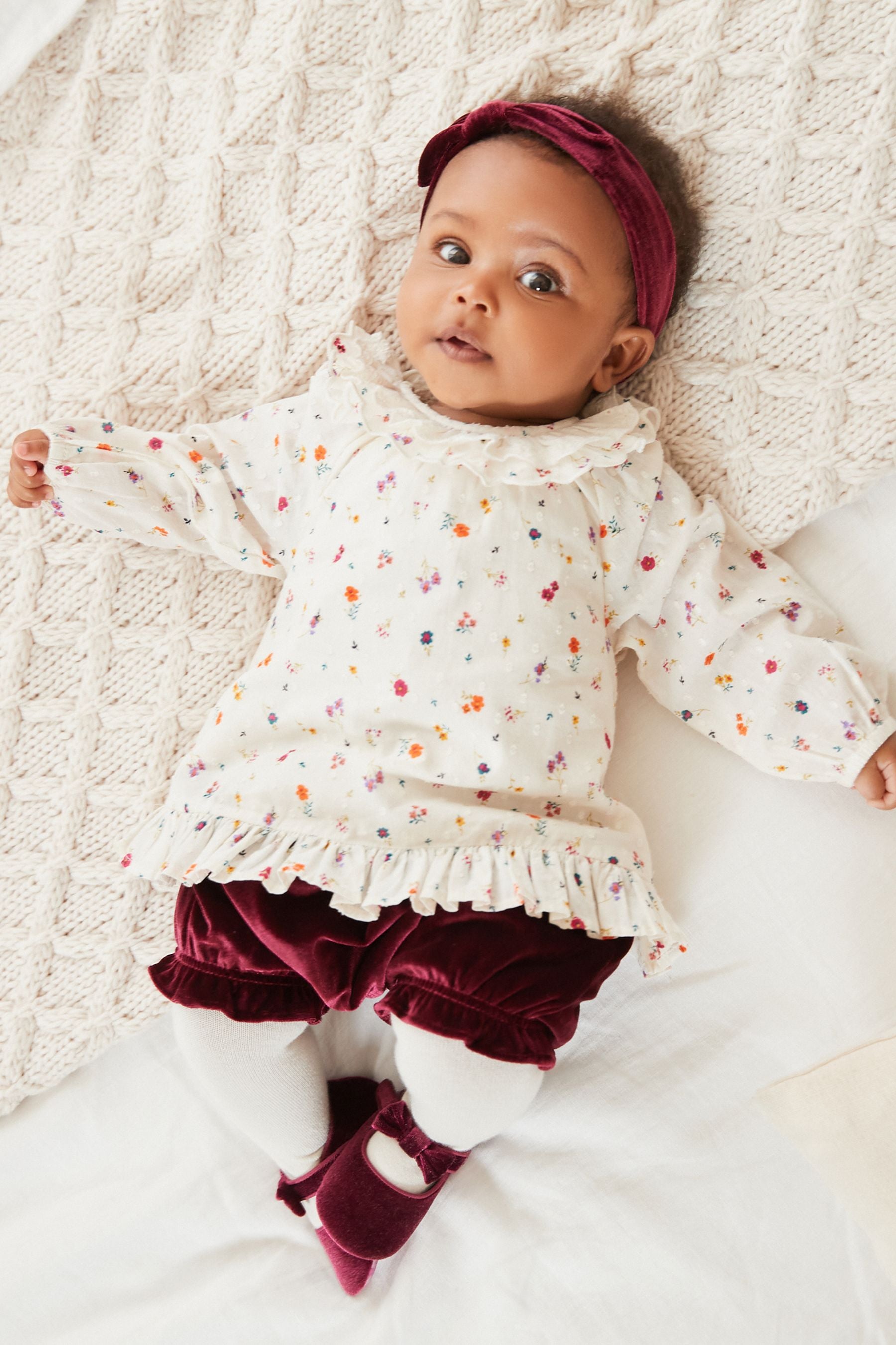 Raspberry Pink Four Piece Baby Floral Blouse Velour Bloomers Tights And Headband Set (0mths-2yrs)