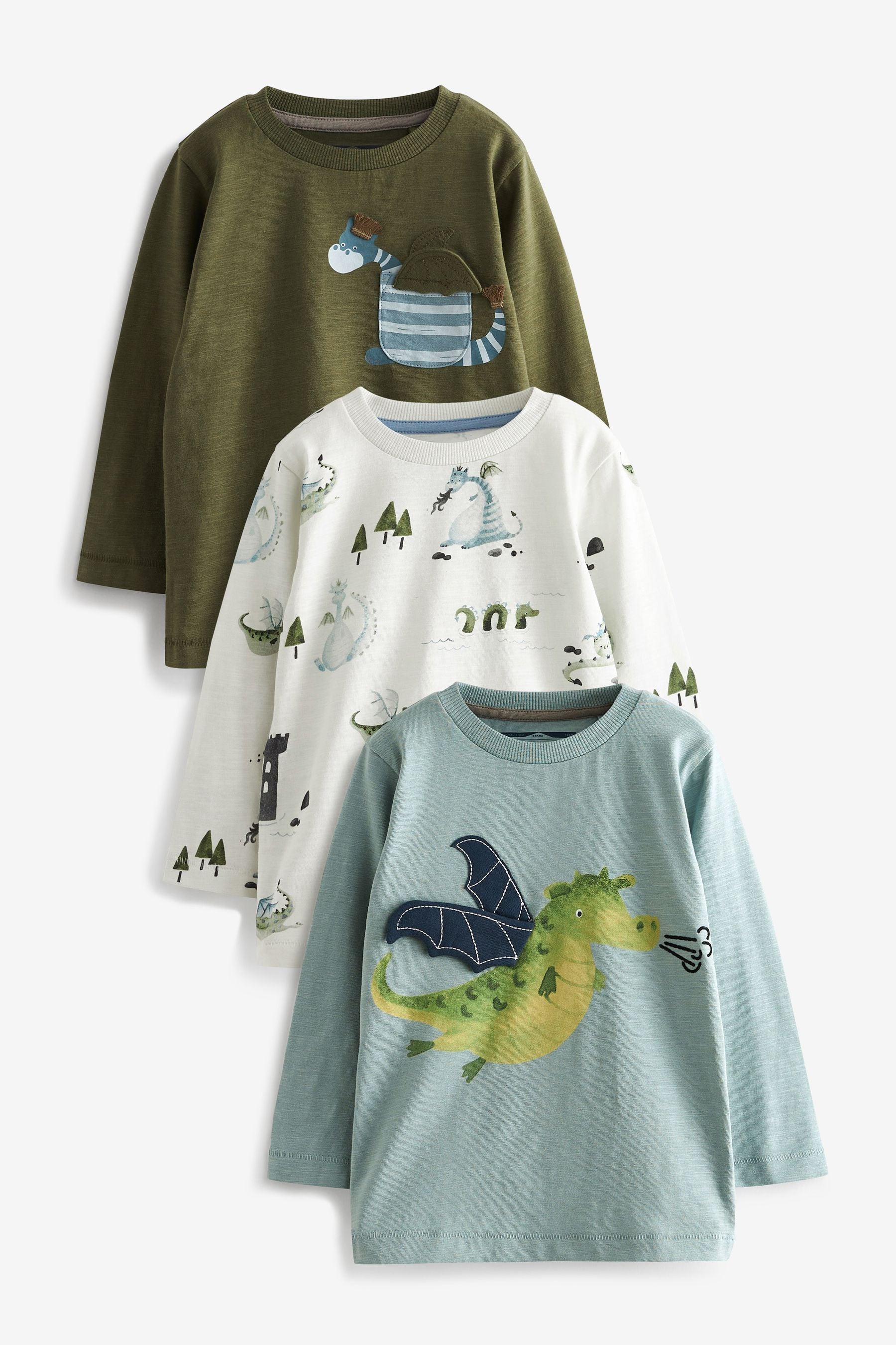 Blue/Green Dragon 3 Pack Long Sleeve Character T-Shirts (3mths-7yrs)