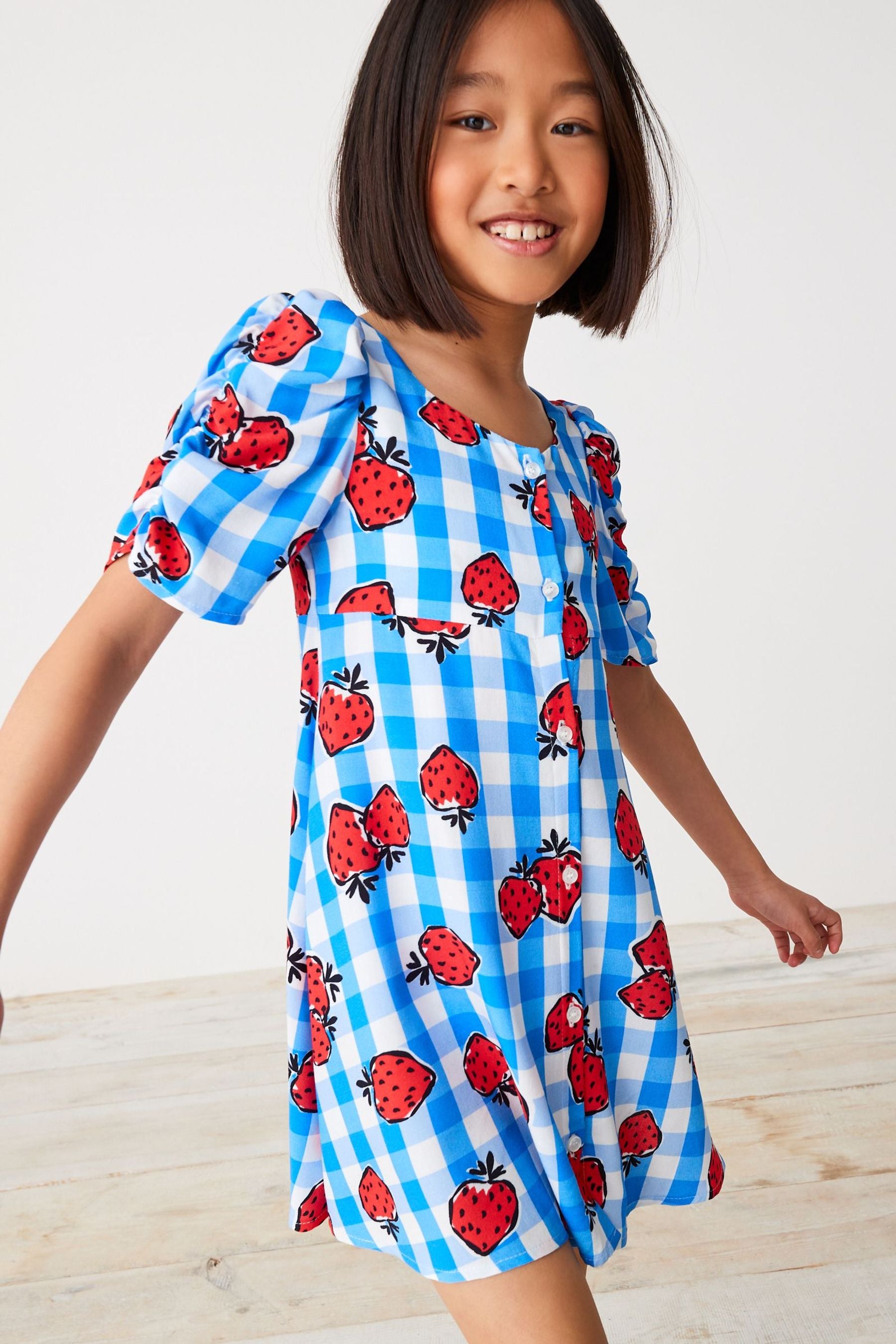 Strawberry Print Ruched Sleeve Dress (3-16yrs)