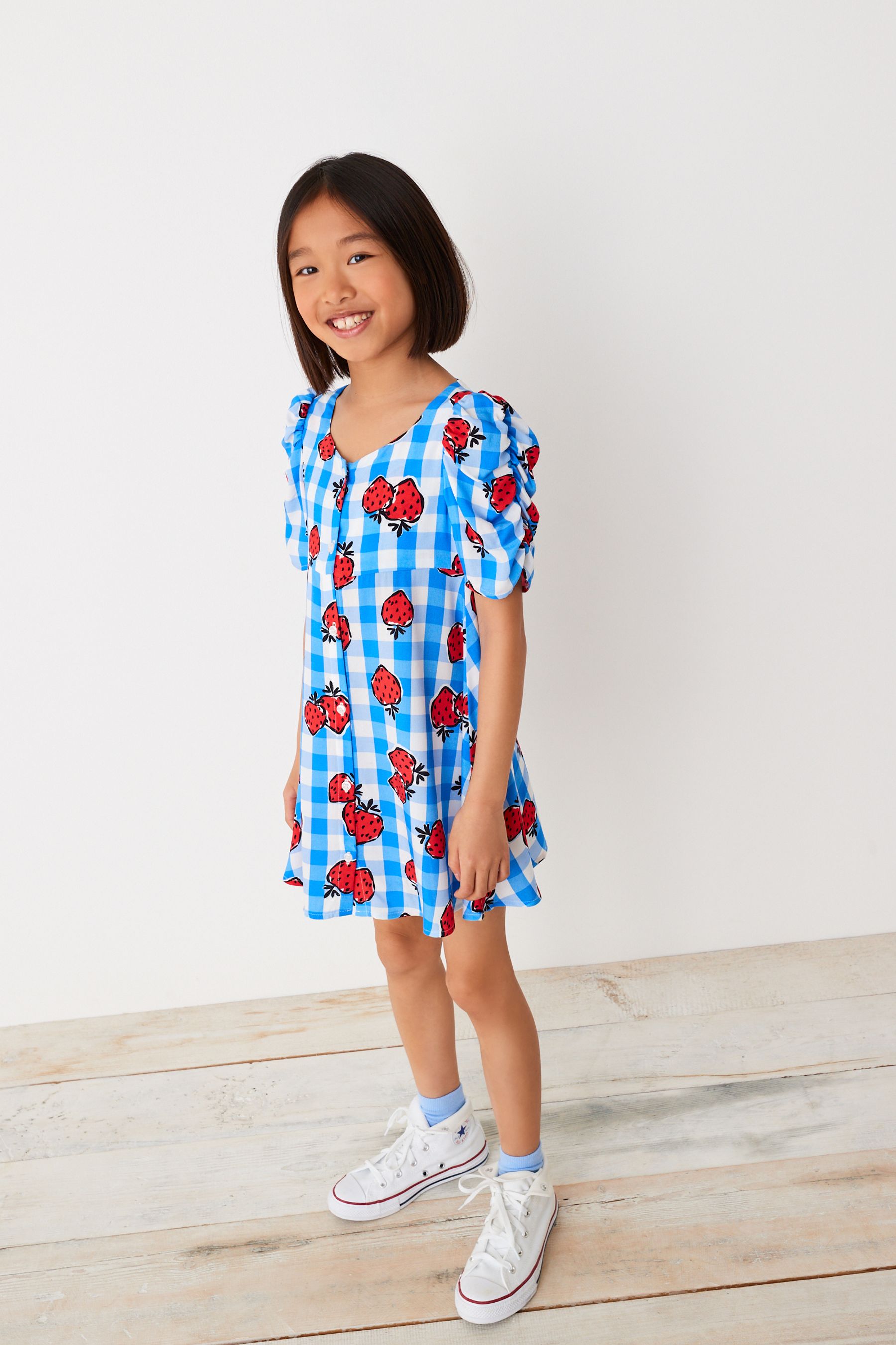 Strawberry Print Ruched Sleeve Dress (3-16yrs)