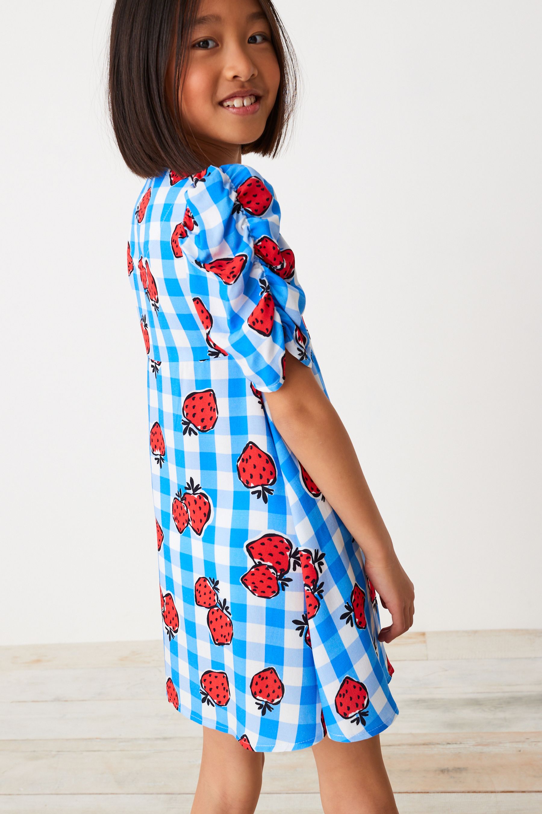 Strawberry Print Ruched Sleeve Dress (3-16yrs)