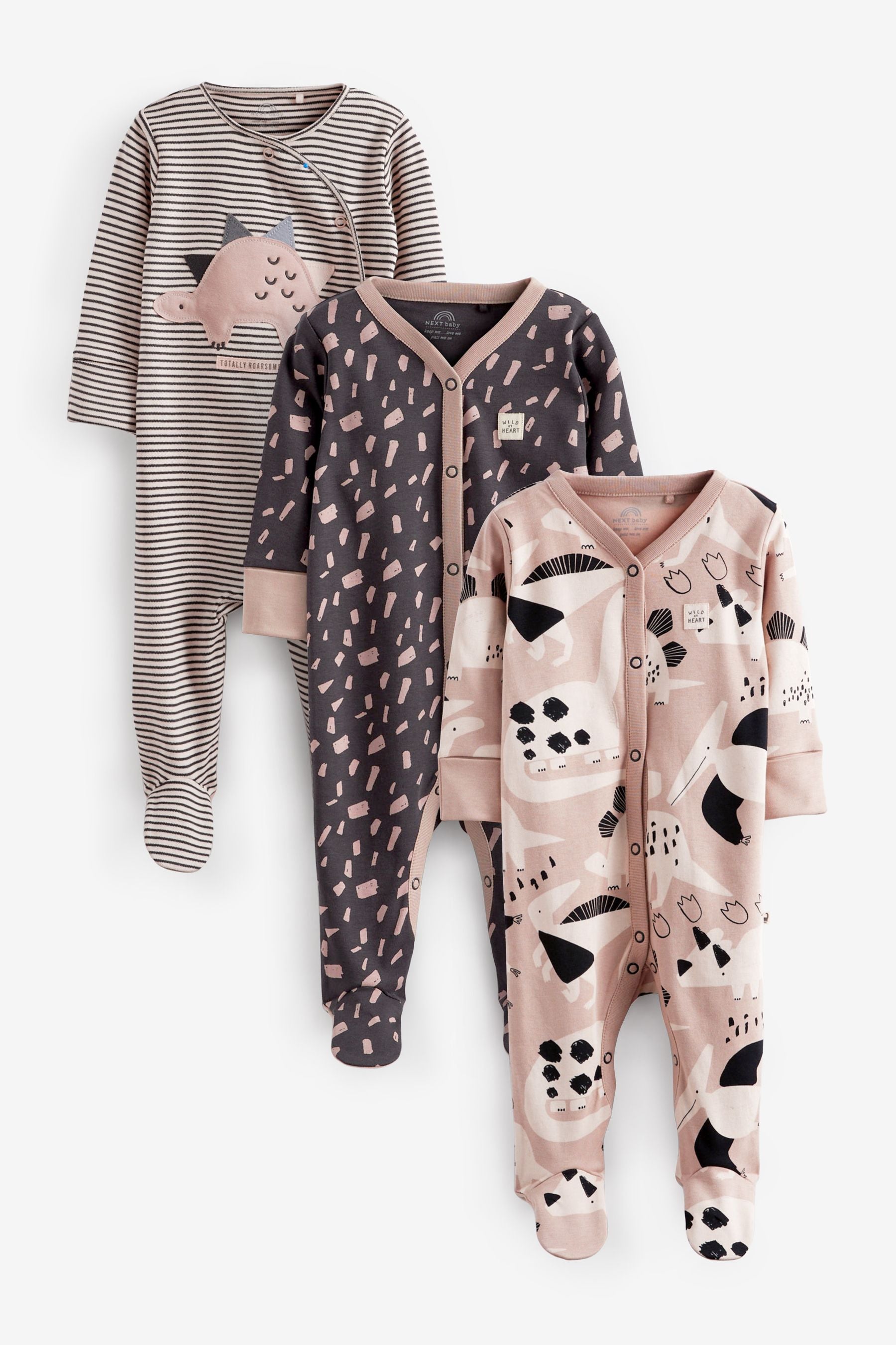 Grey Dinosaur Baby Sleepsuits 3 Pack (0-2yrs)