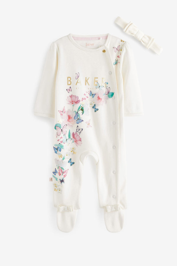 White Baker by Ted Baker White Butterfly Graphic Sleepsuit and Headband Set