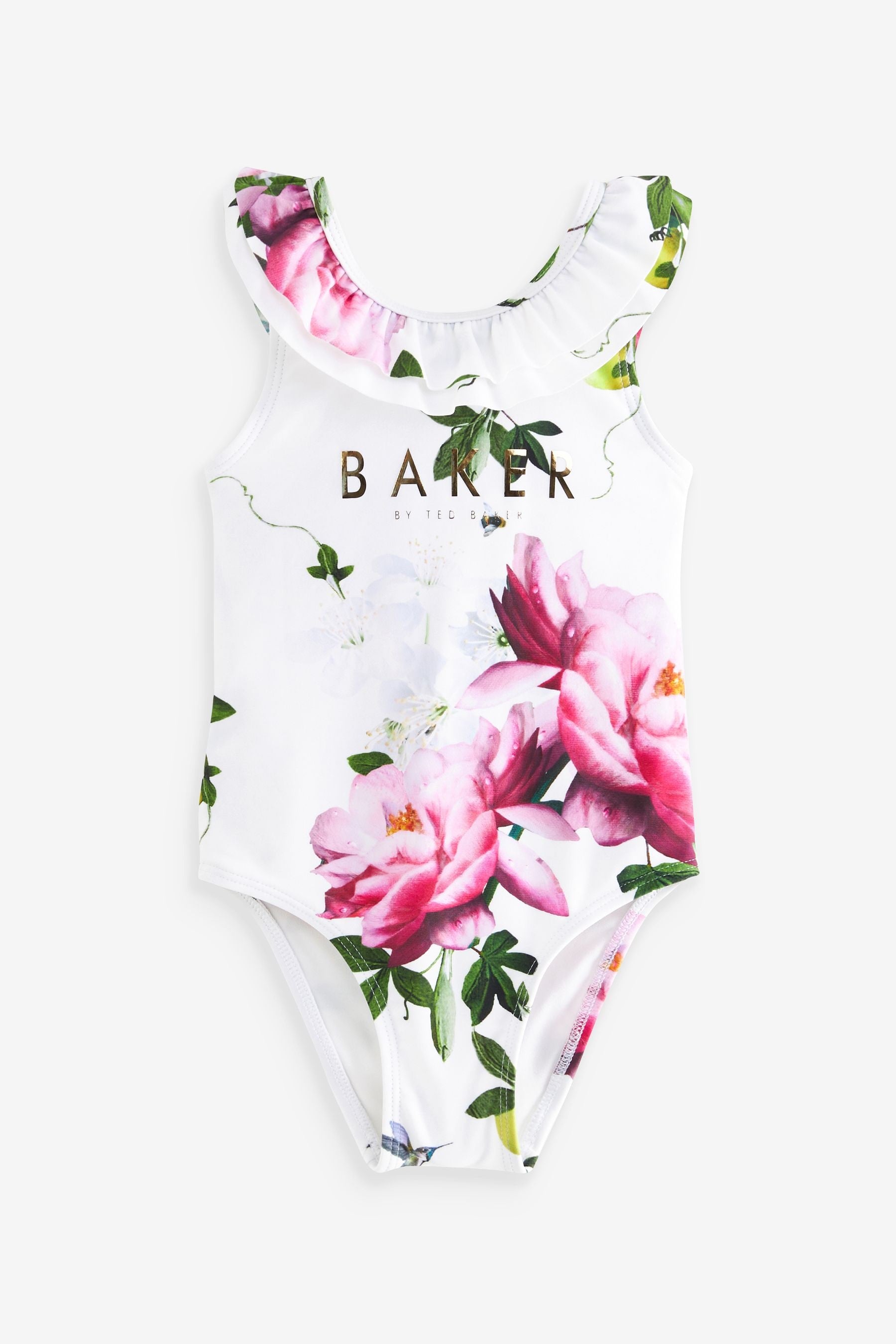 White Baker by Ted Baker Floral Frilled White Swimsuit