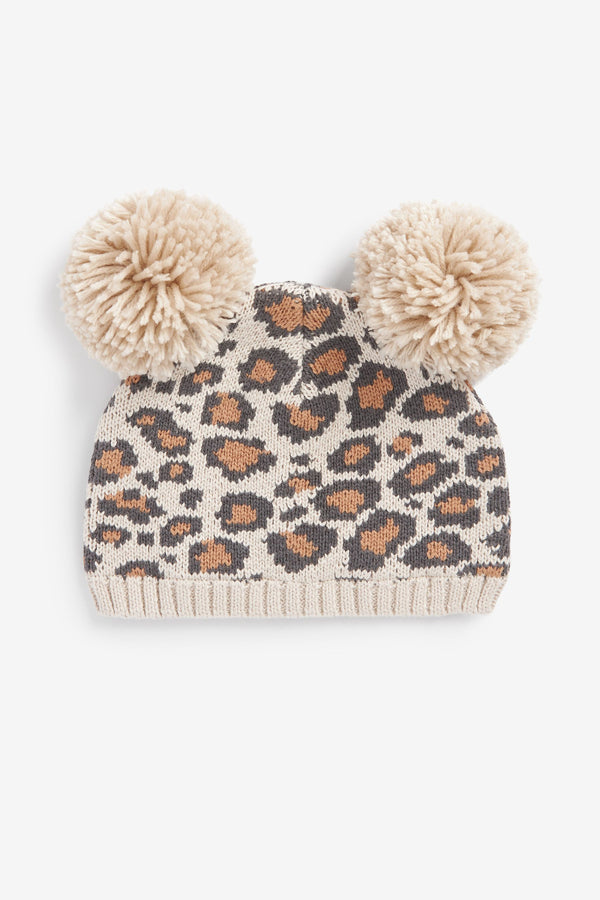 Animal Print Double Pom Knitted Baby Hat (0mths-2yrs)