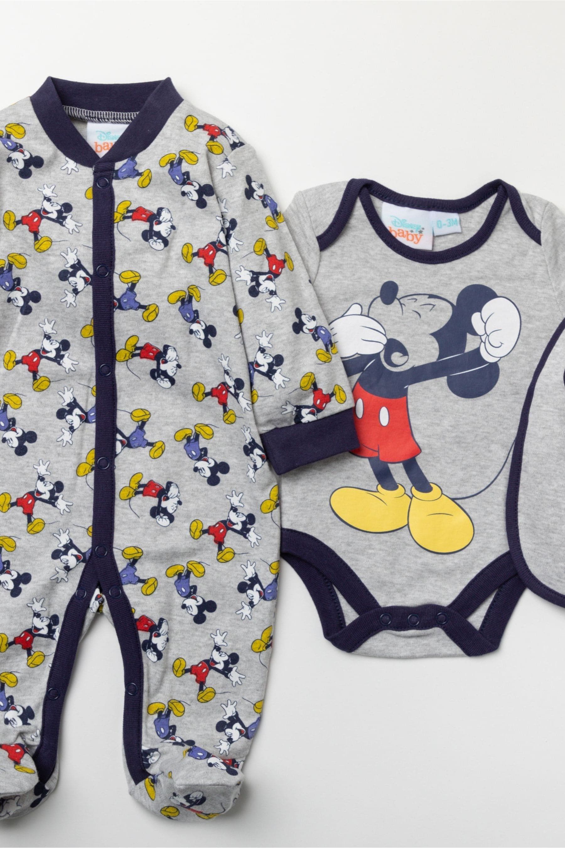 Grey Disney Grey Mickey Mouse Sleepsuit, Bodysuit And Bib Set