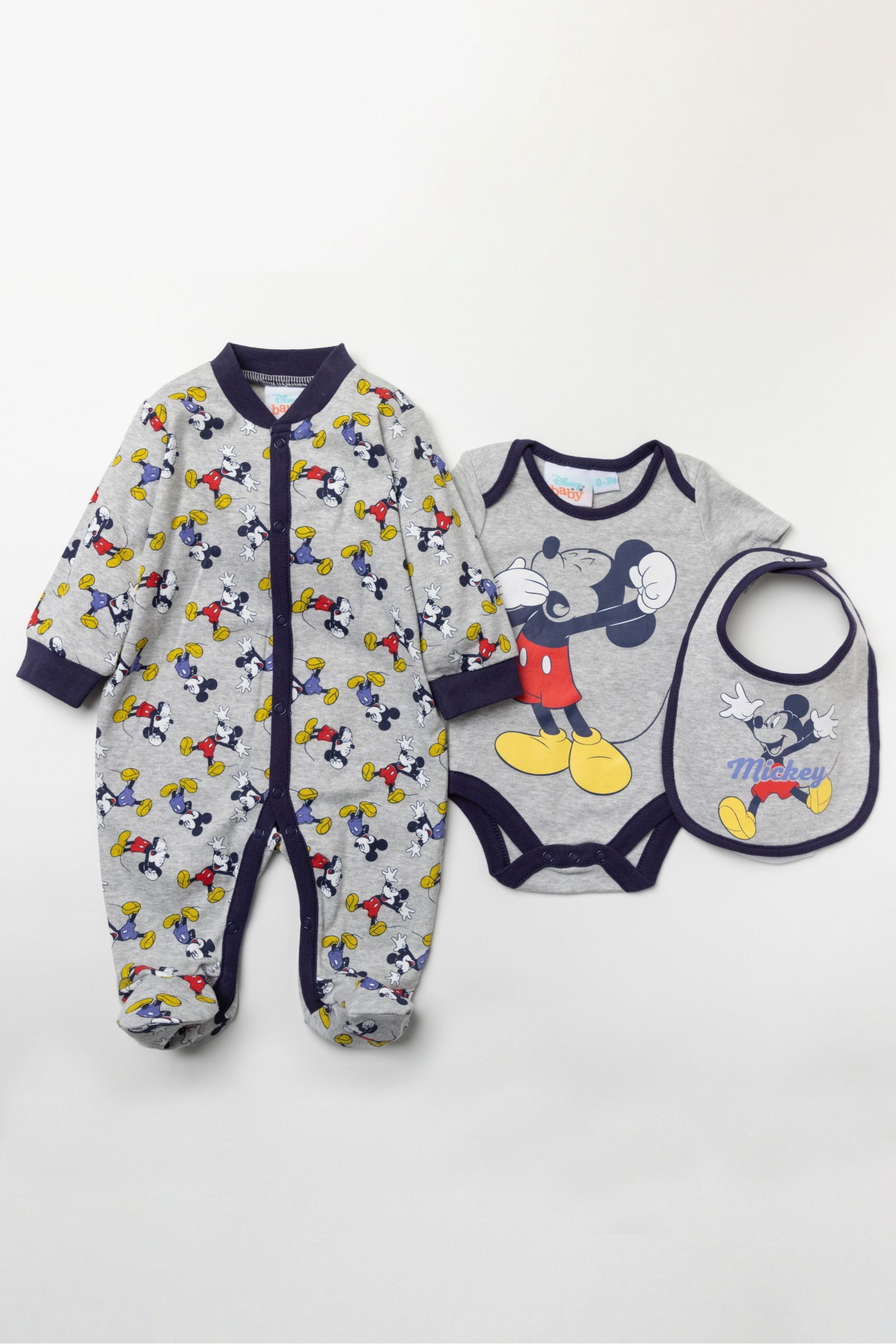 Grey Disney Grey Mickey Mouse Sleepsuit, Bodysuit And Bib Set