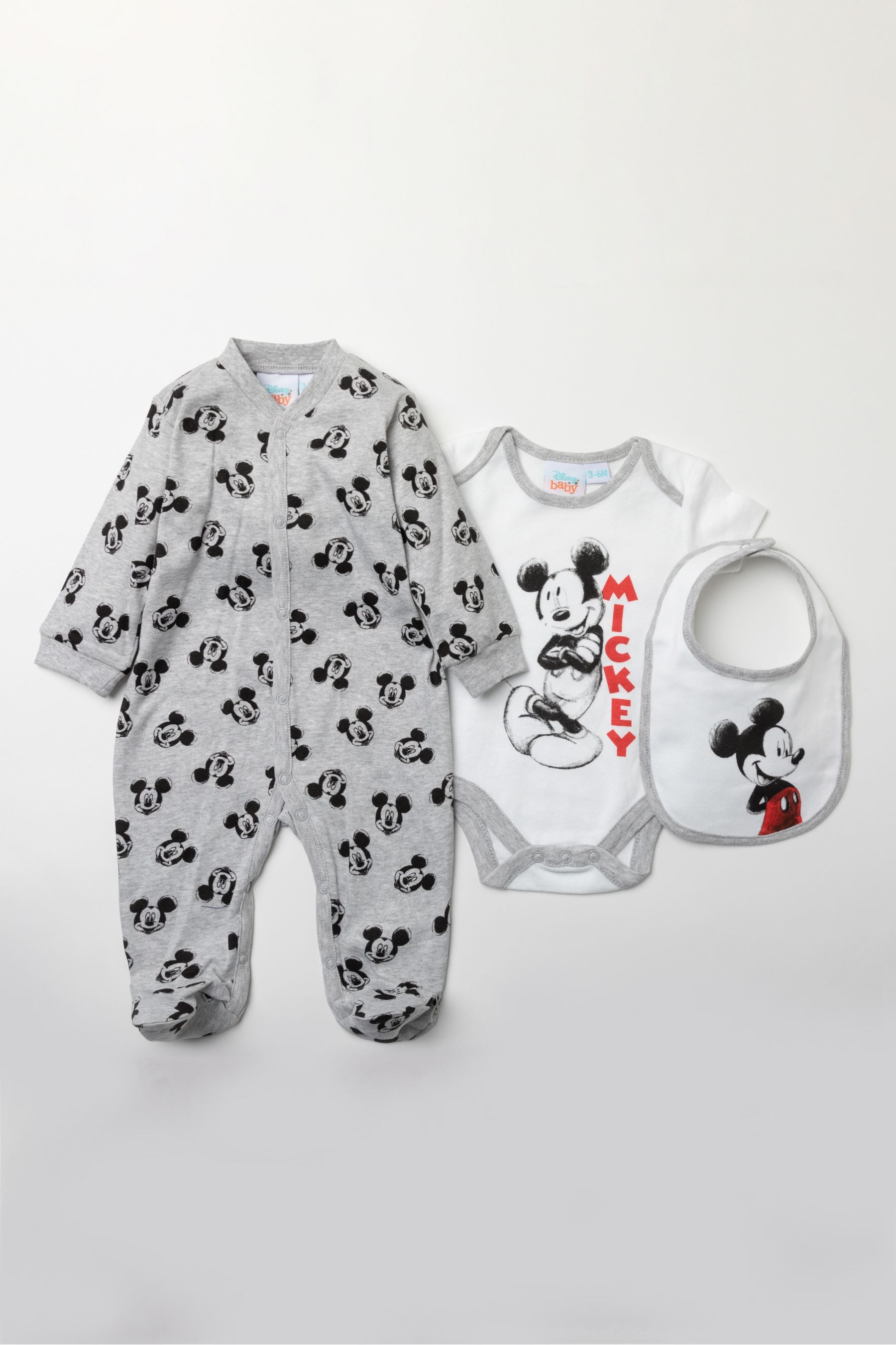 Grey Disney Grey Mickey Mouse Sleepsuit, Bodysuit And Bib Set