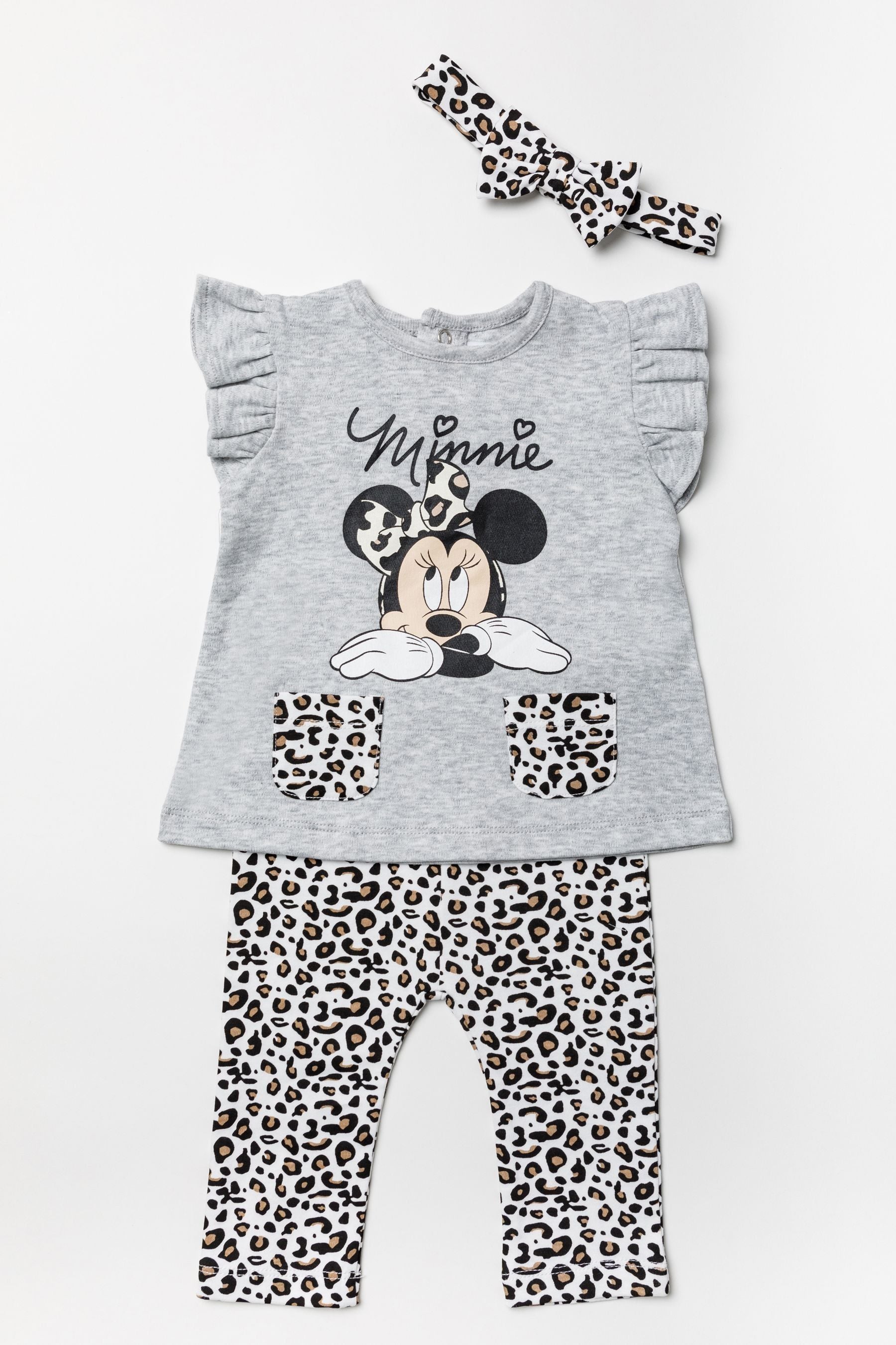 Grey Disney Grey Minnie Mouse Leopard Top, Leggings And Headband Set