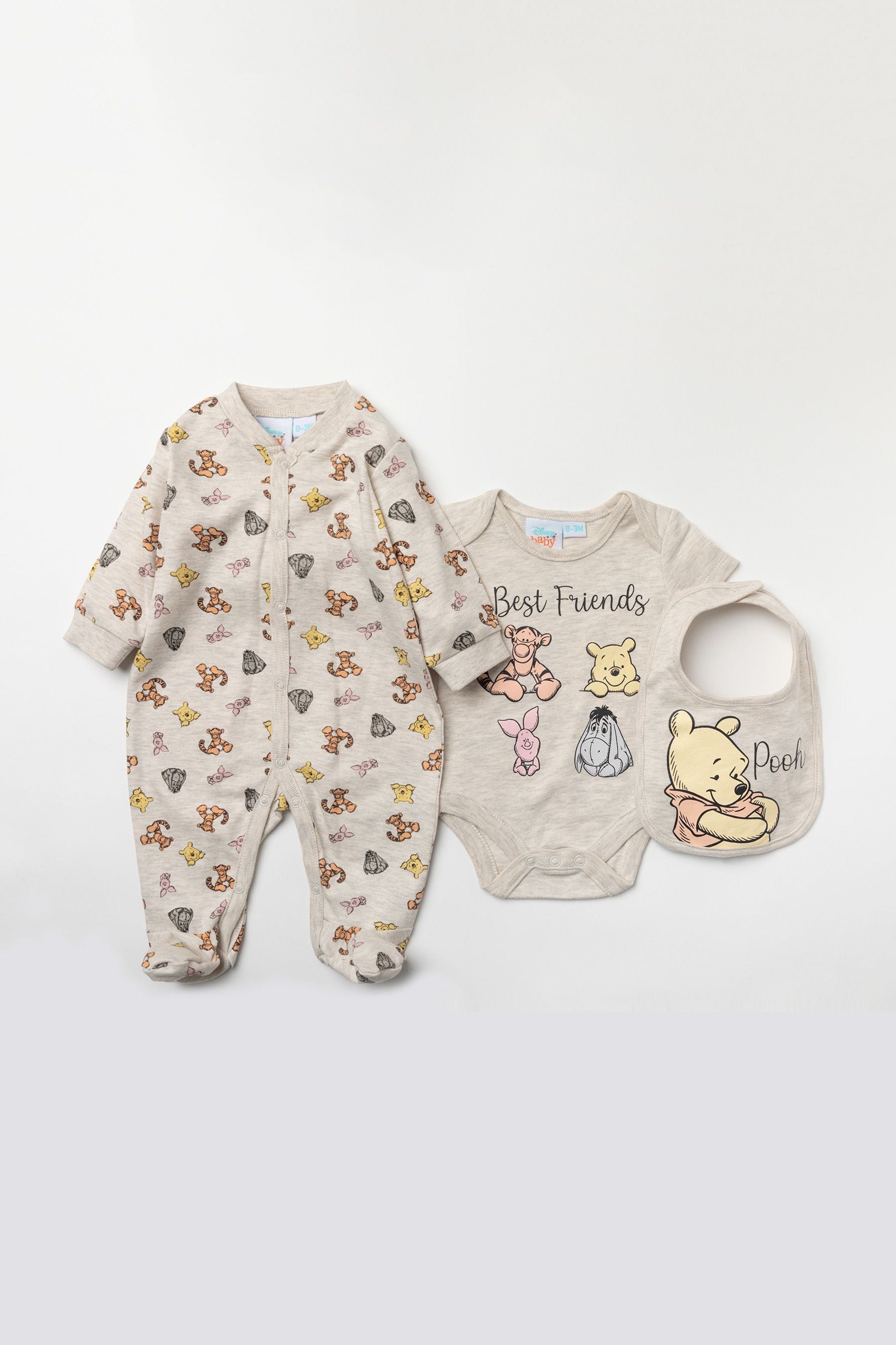 Natural Disney Natural Winnie The Pooh Sleepsuit, Bodysuit And Bib Set