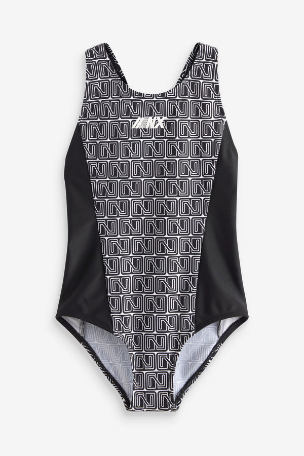 Black Cross Back Printed Panel Swimsuit