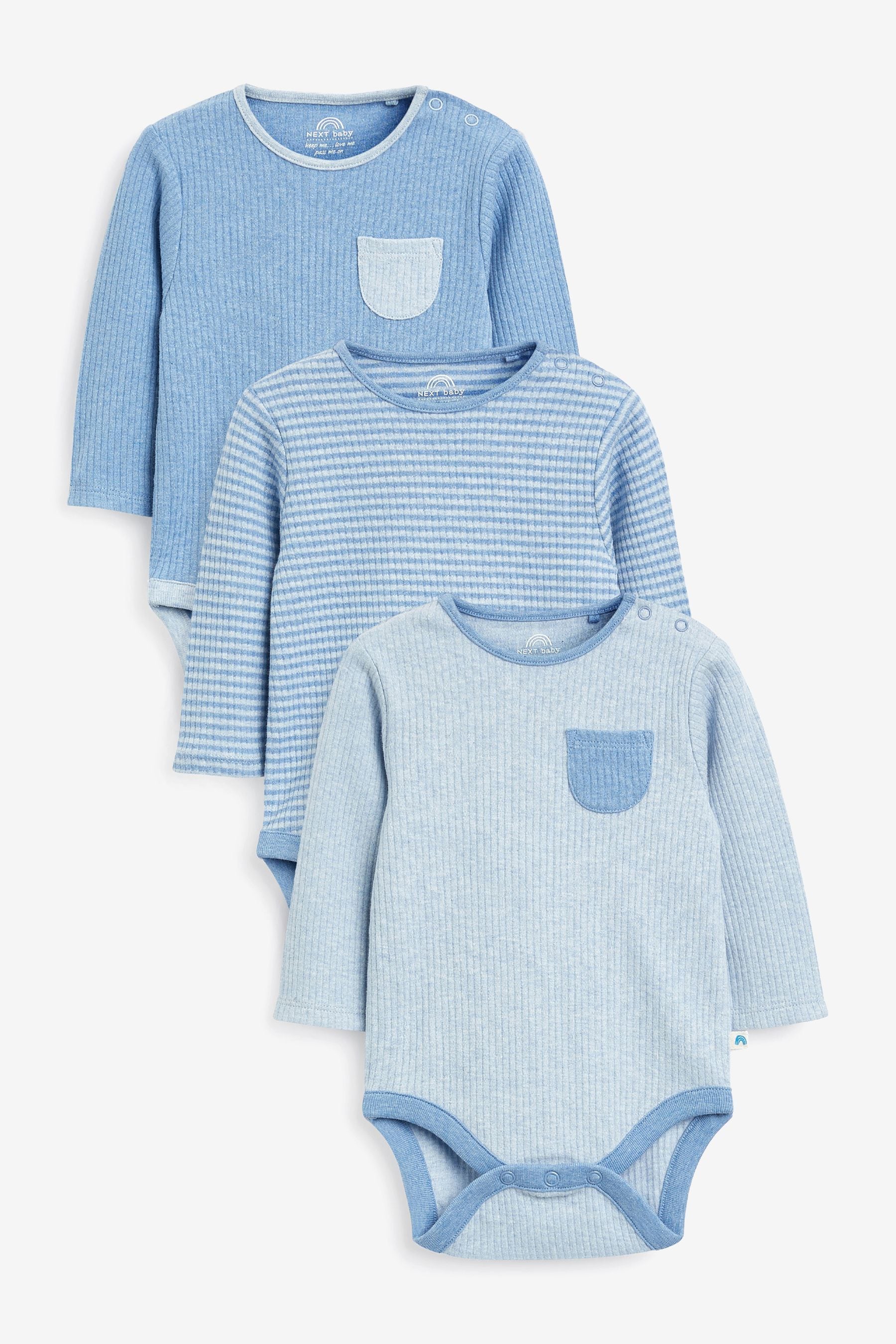 Blue Rib Baby Long Sleeve Bodysuits 3 Pack