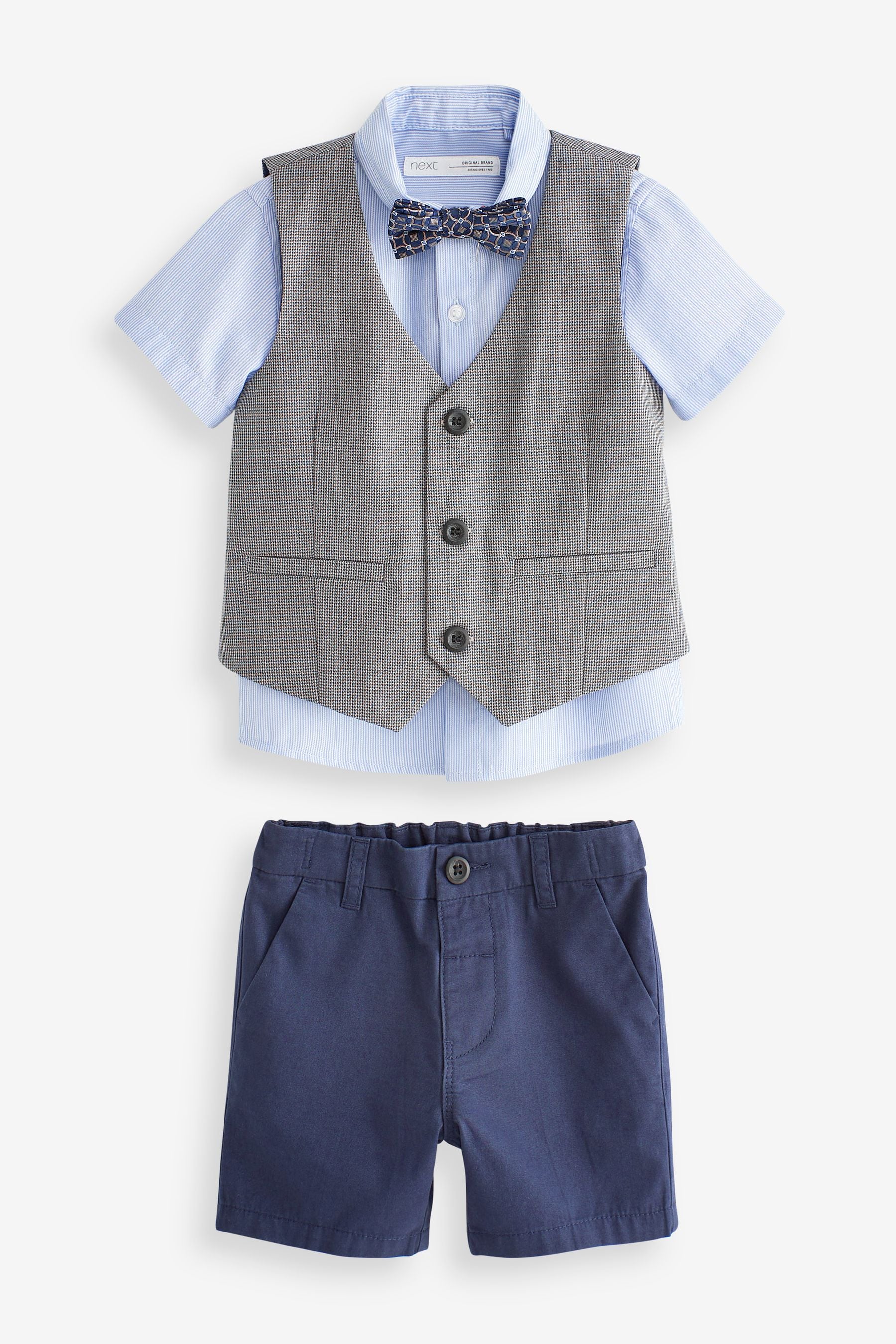 Blue 4pc Waistcoat, Shirt, Shorts & Bow Tie Set (3mths-9yrs)