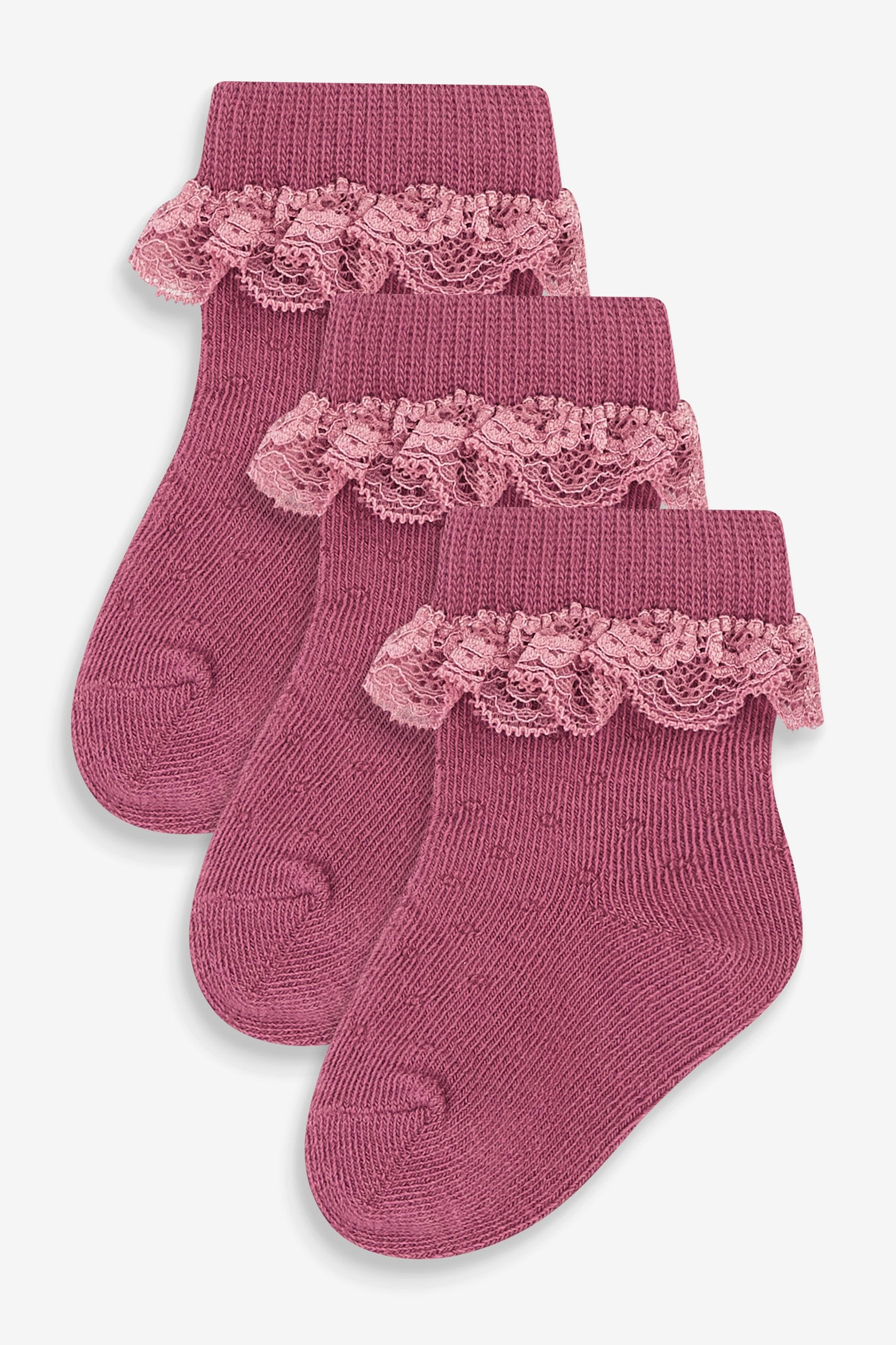 Pink 3 Pack Lace Trim Baby Socks (0mths-2yrs)