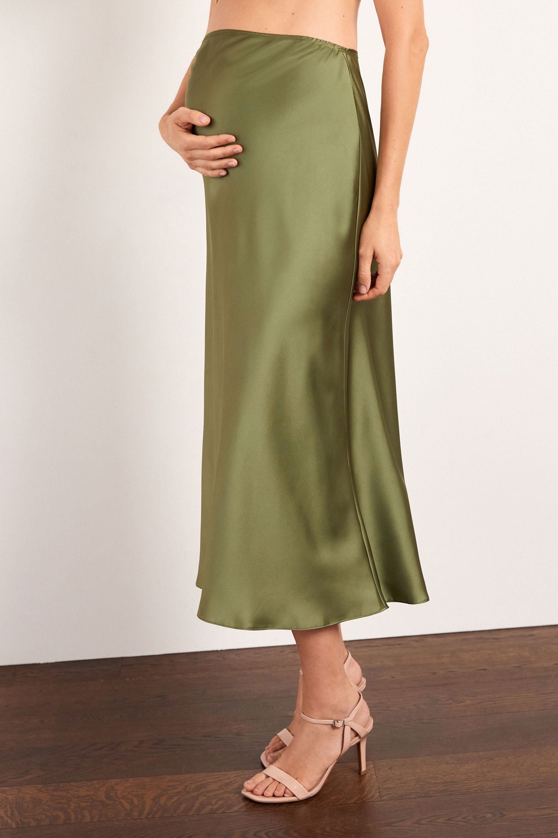 Khaki Green Maternity Satin Slip Skirt