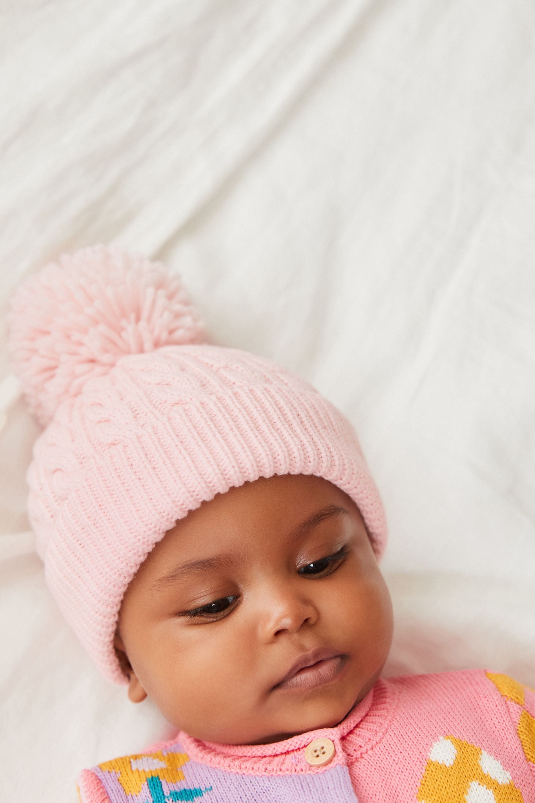 Pale Pink Knitted Baby Pom Hat (0mths-2yrs)