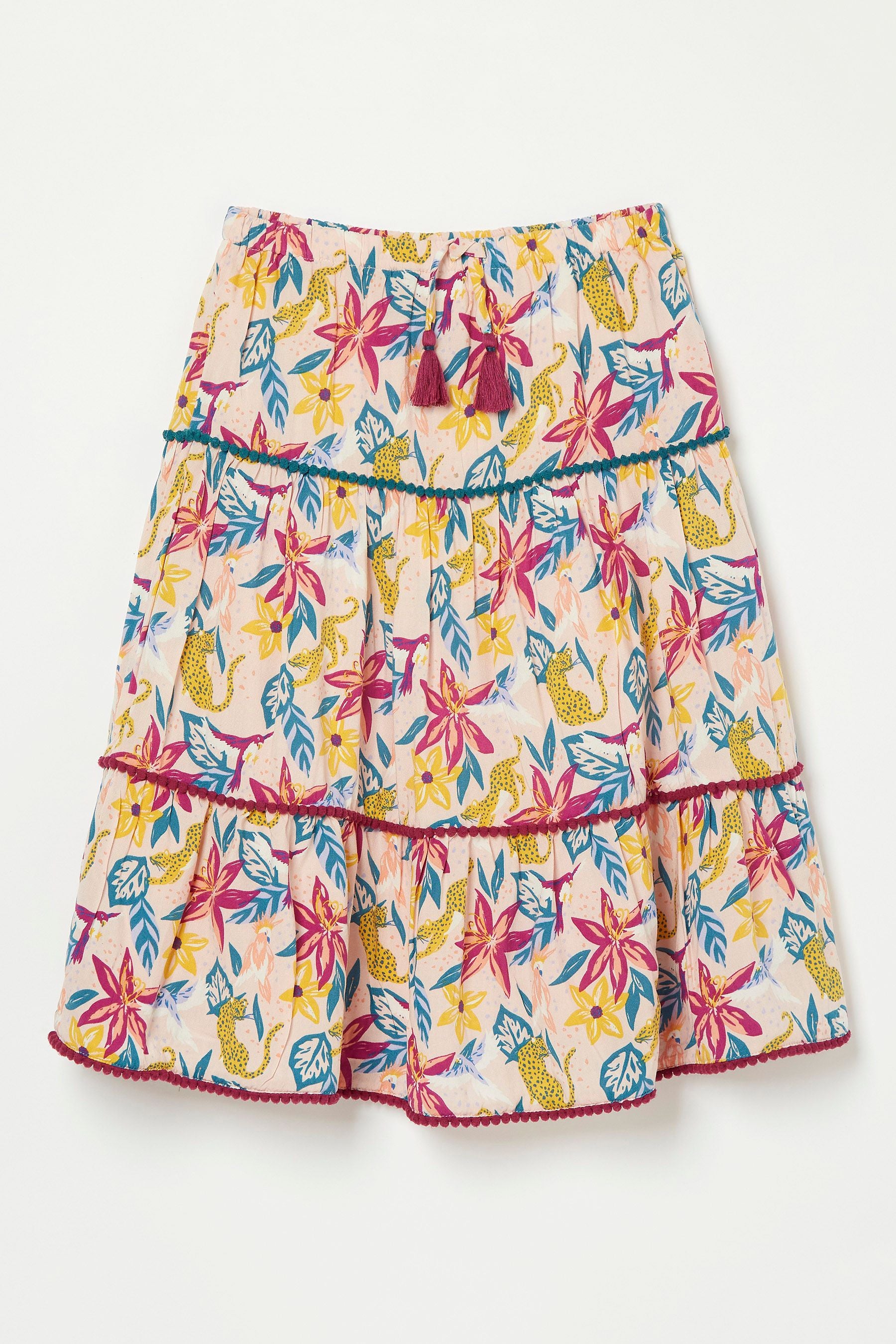 FatFace Elodie Pink Jungle Print Tier Skirt