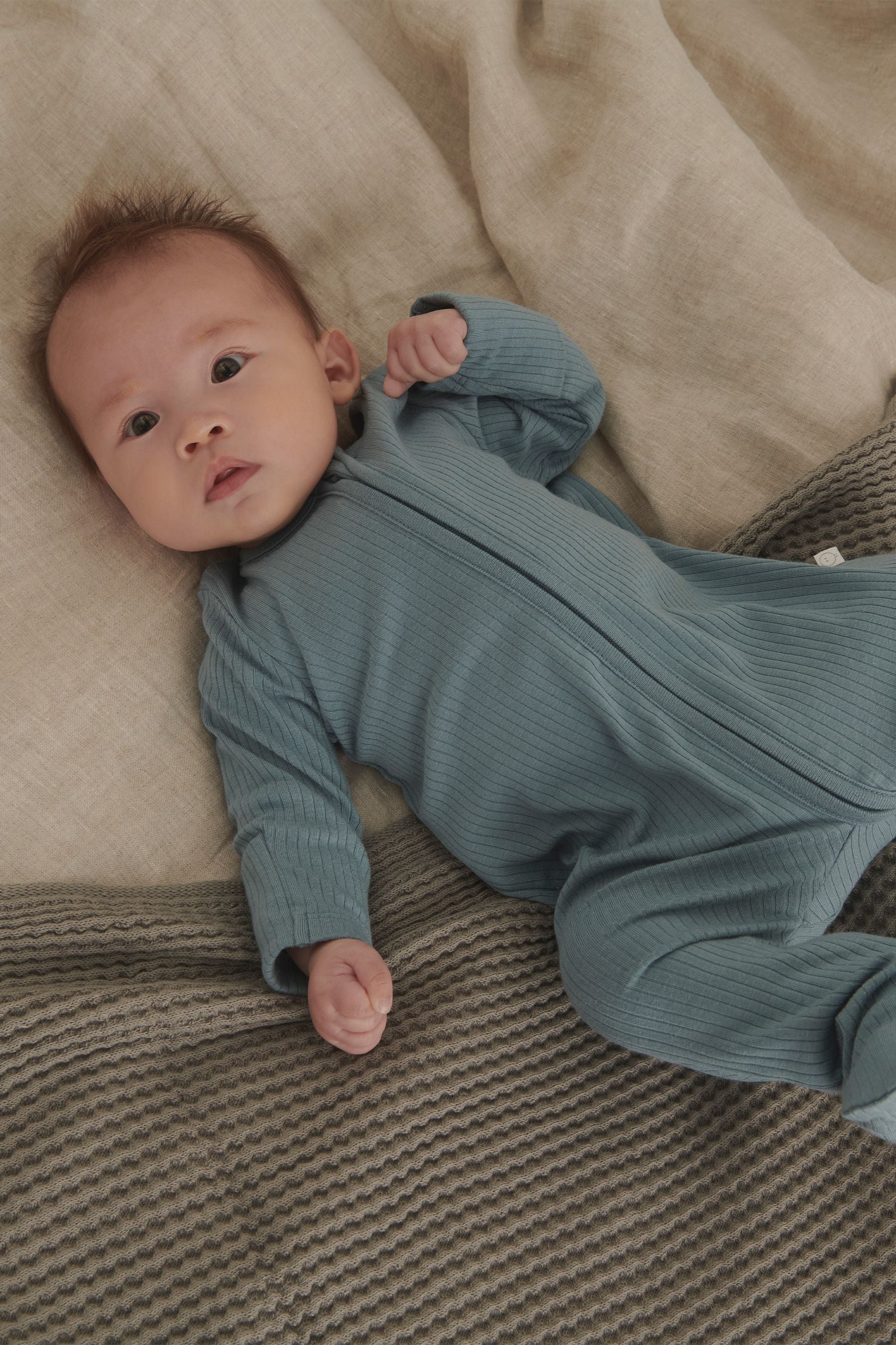 Blue MORI Organic Cotton Ribbed Zip-Up Sleepsuit