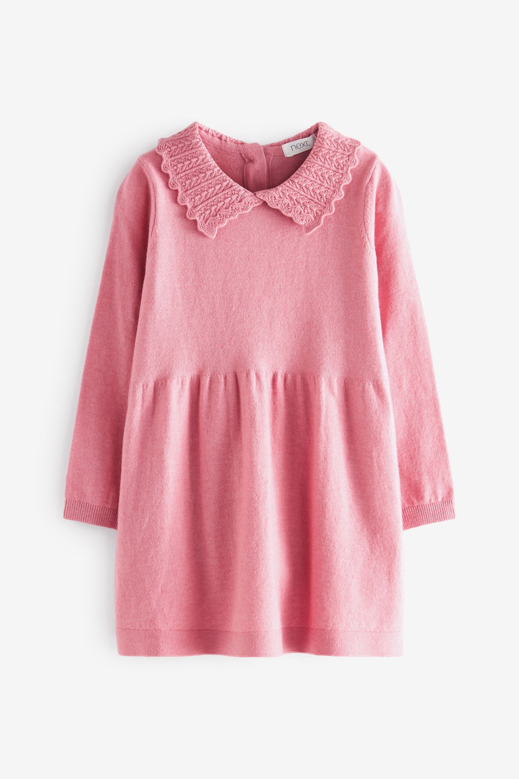 Pink Knitted Long Sleeve Dress With Collar Detail (3mths-7yrs)