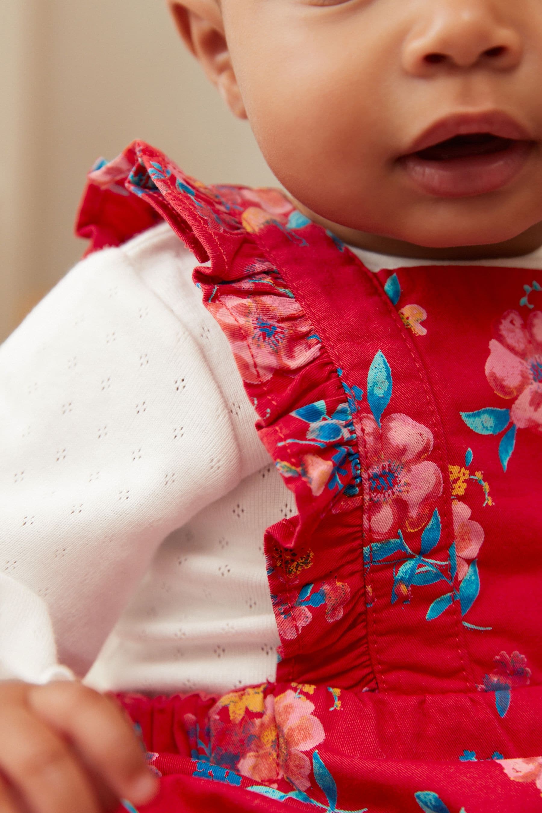 Red 2 Piece Baby Frill Dungarees And Bodysuit Set (0mths-2yrs)