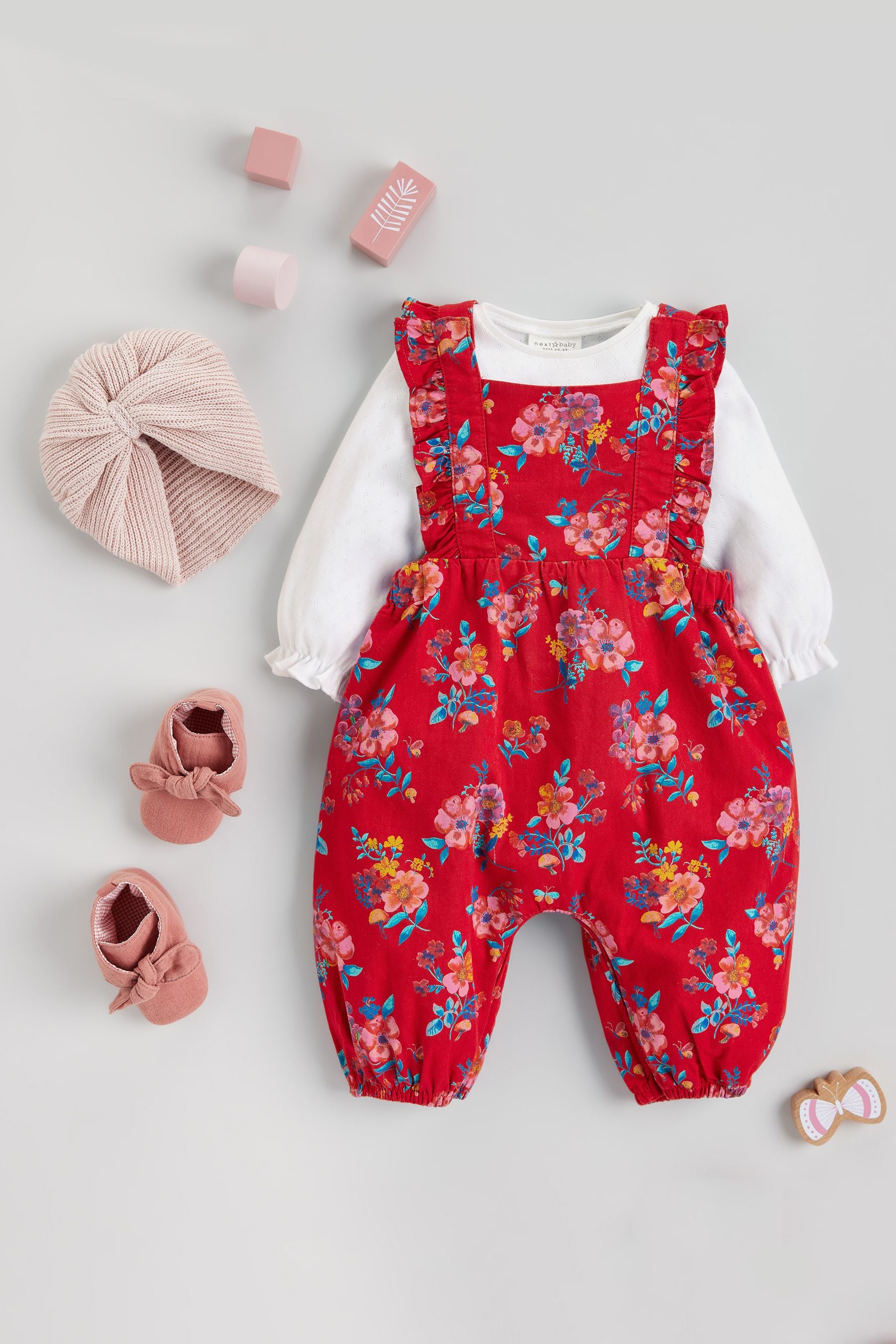 Red 2 Piece Baby Frill Dungarees And Bodysuit Set (0mths-2yrs)