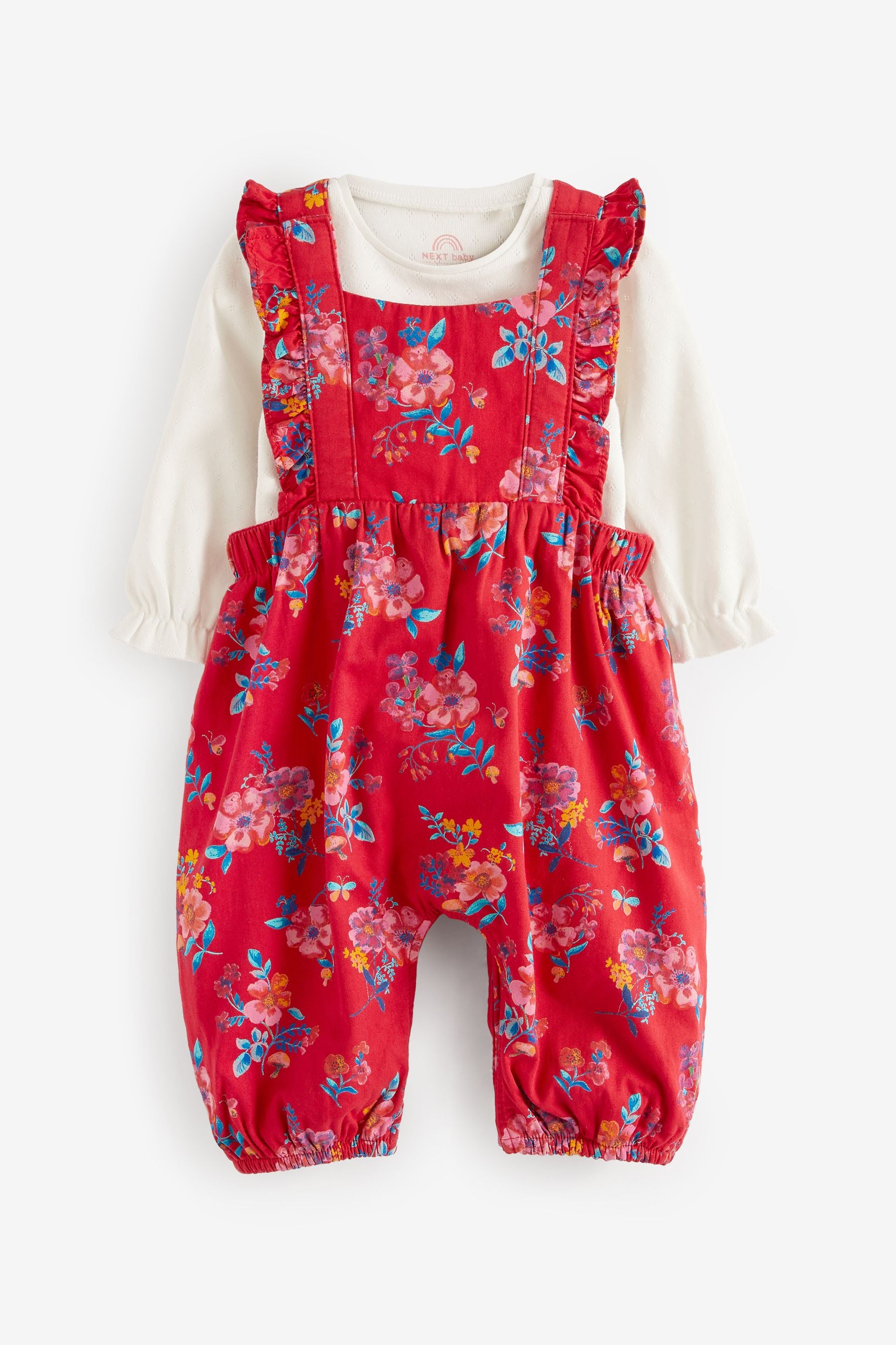 Red 2 Piece Baby Frill Dungarees And Bodysuit Set (0mths-2yrs)