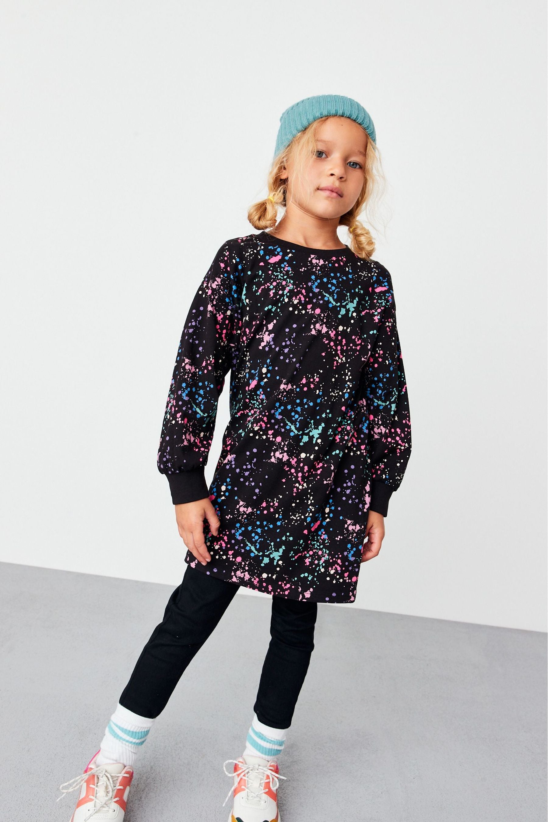 Black Splat Long Sleeve Jersey Dress (3-16yrs)