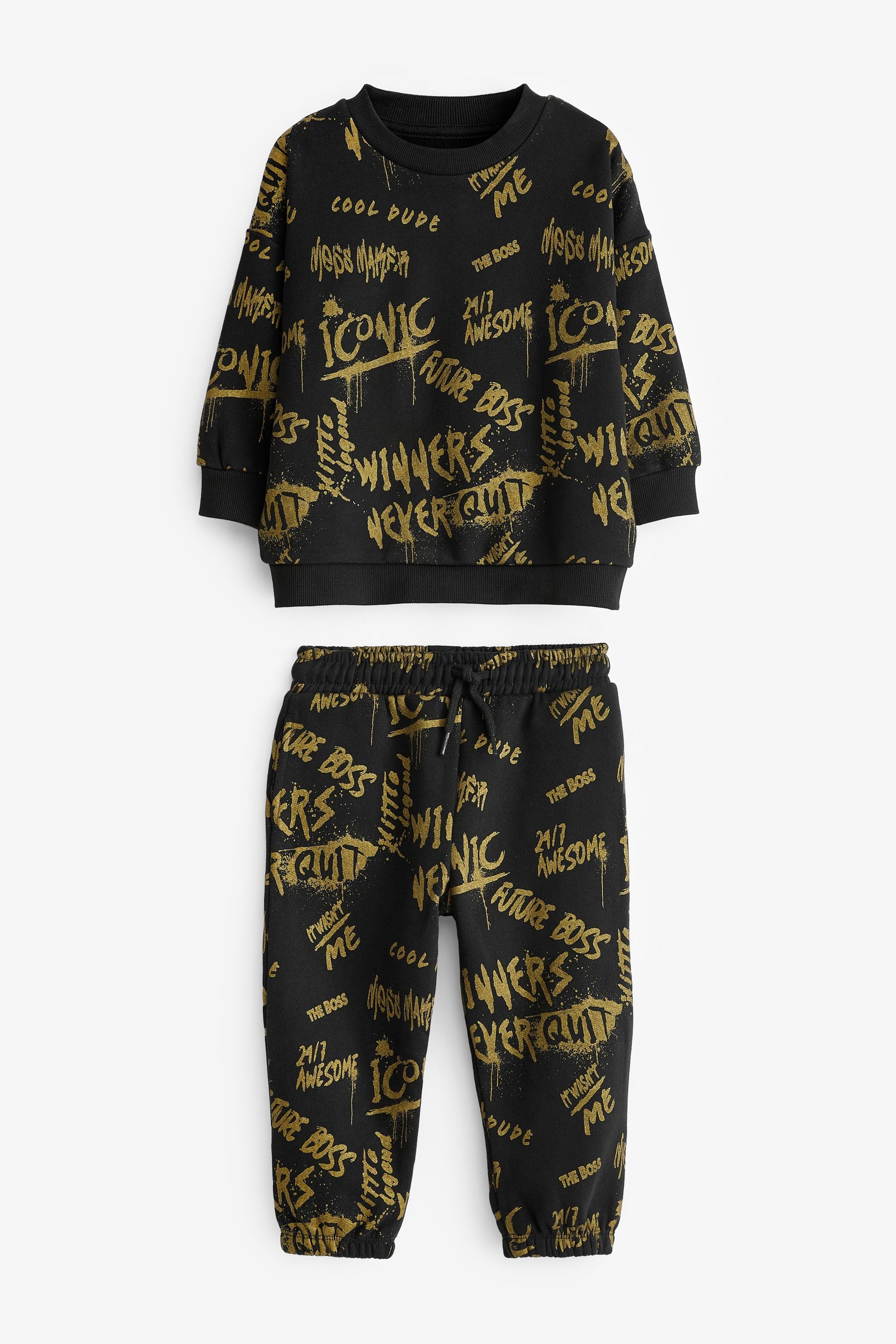 Black/Gold All Over Graphic Sweater And Joggers Set (3mths-7yrs)