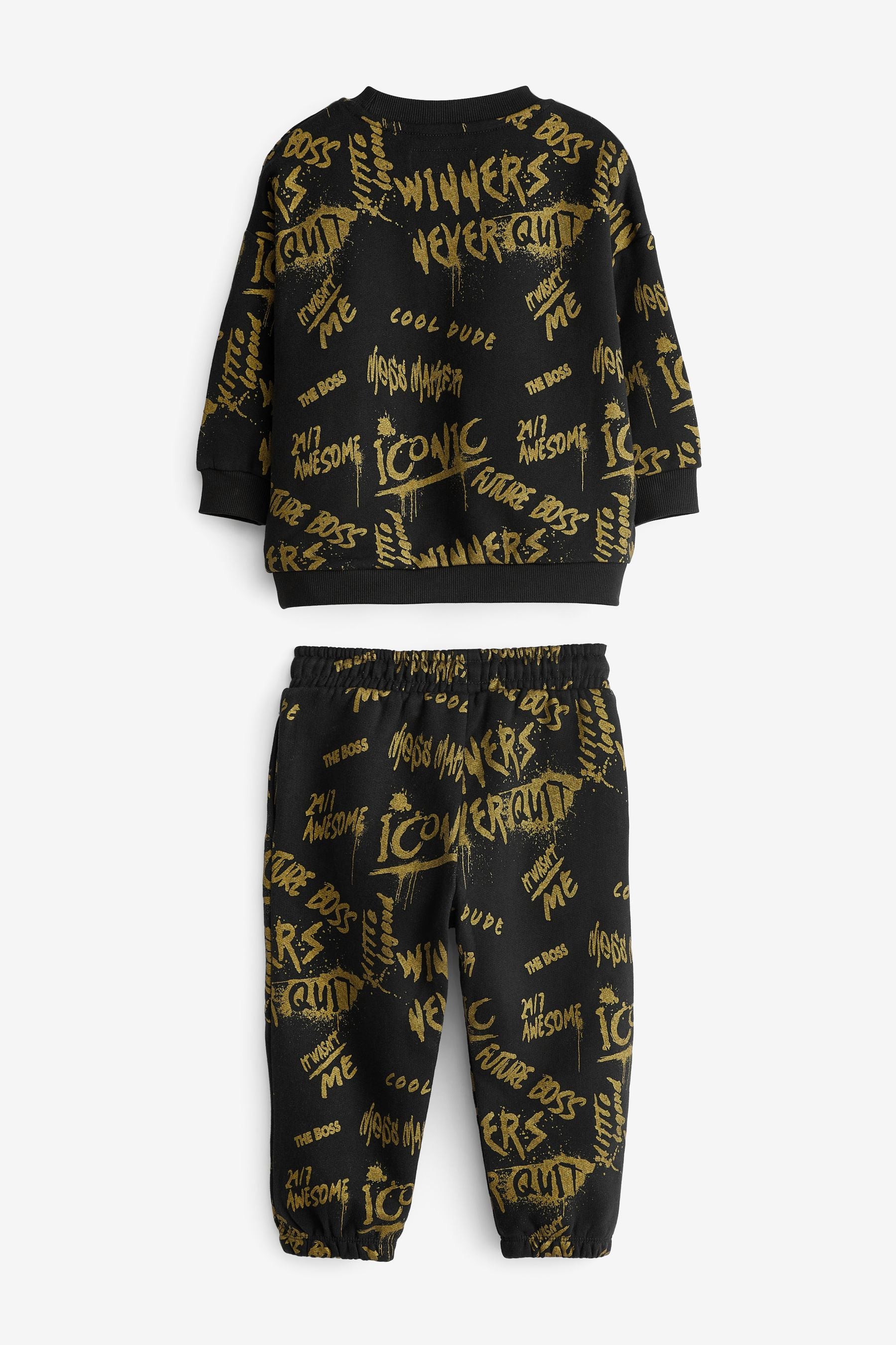 Black/Gold All Over Graphic Sweater And Joggers Set (3mths-7yrs)