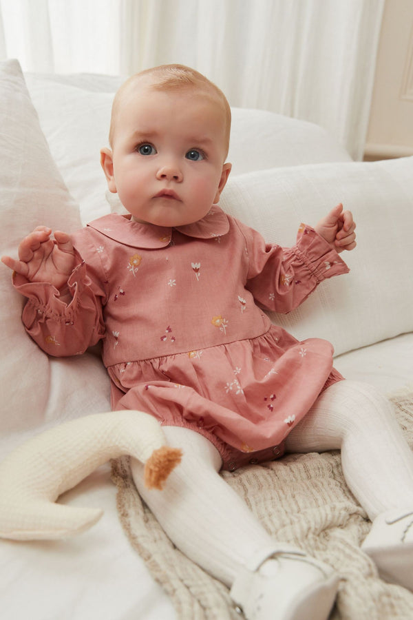 Pink Floral Romper and Tights Set with Collar