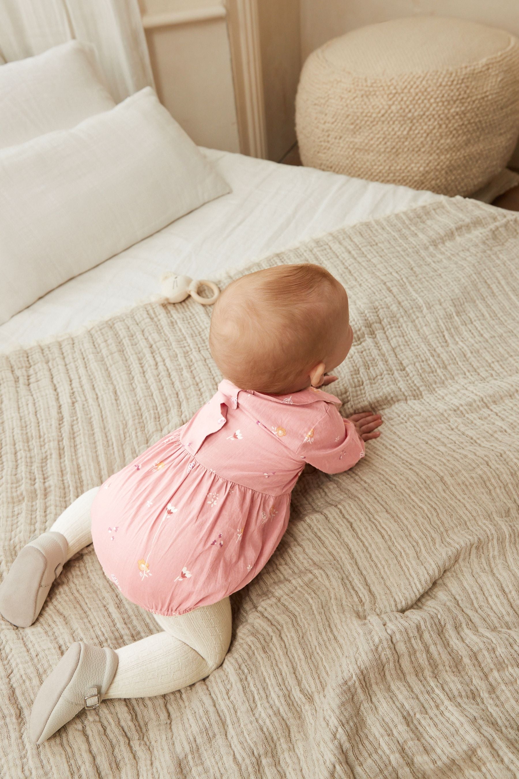 Pink Floral Romper and Tights Set with Collar