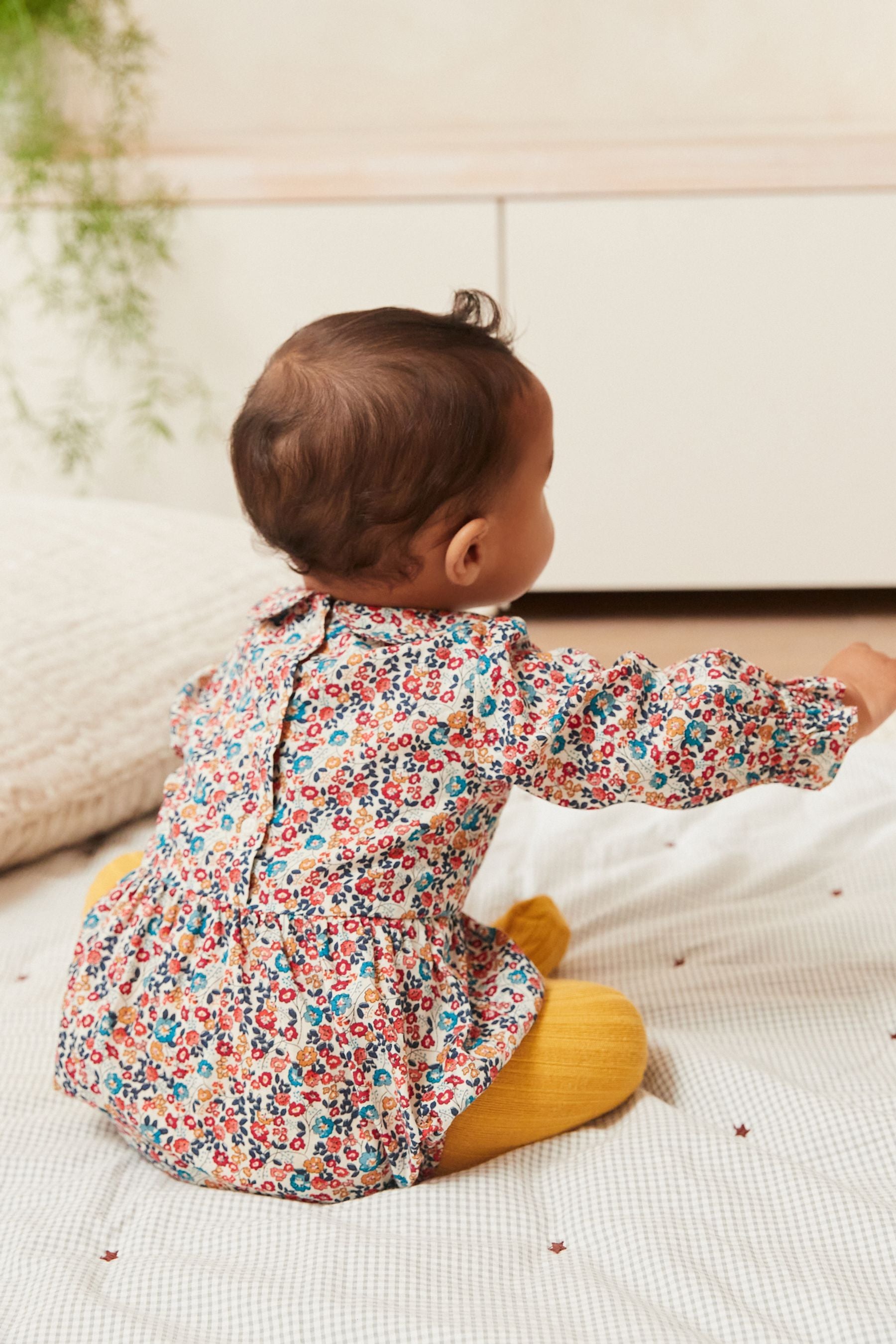 Off White Ditsy Flower Print Romper and Tights Set With Collar