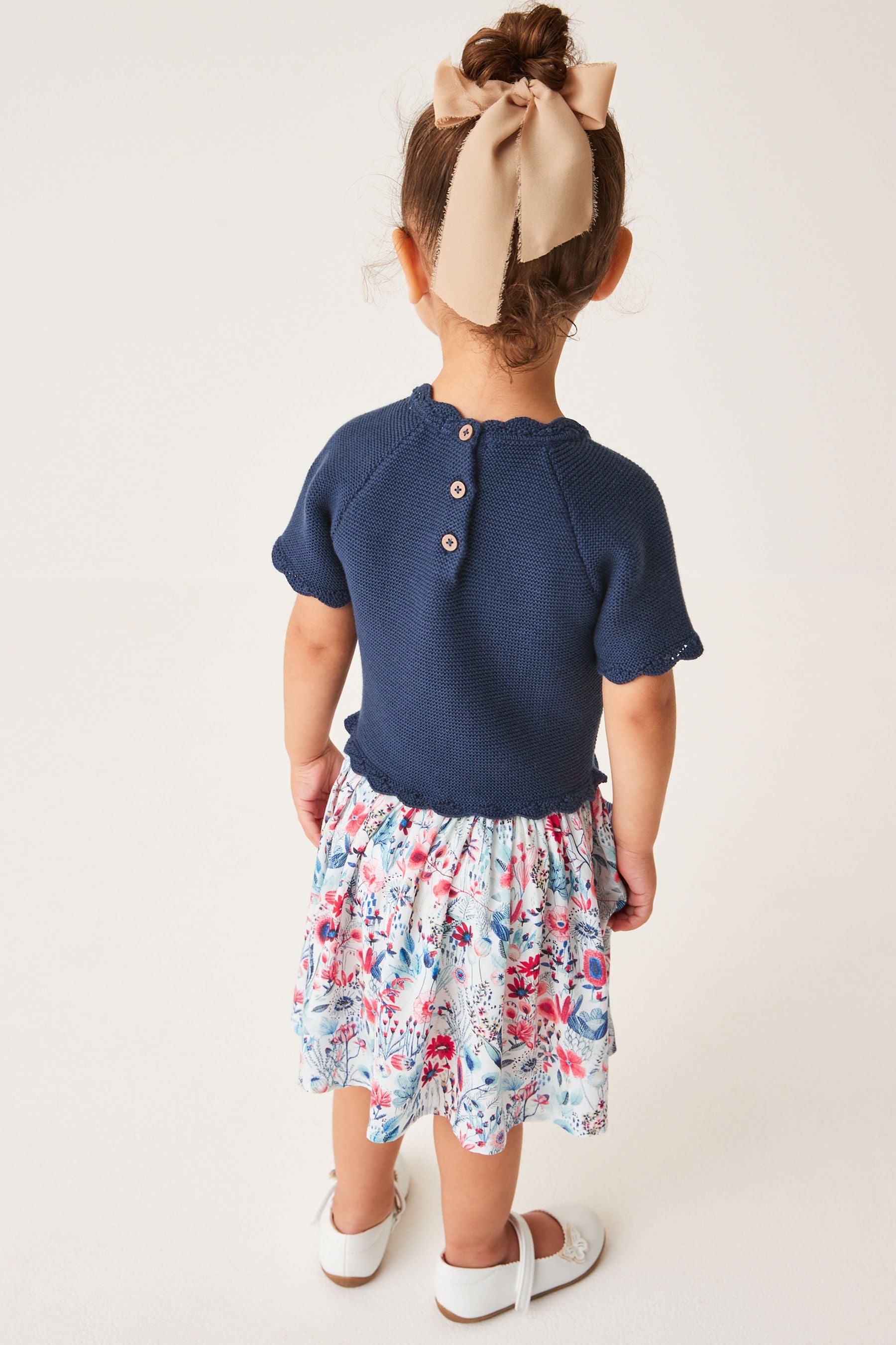 Navy Blue Jumper Dress With Printed Skirt (3mths-7yrs)